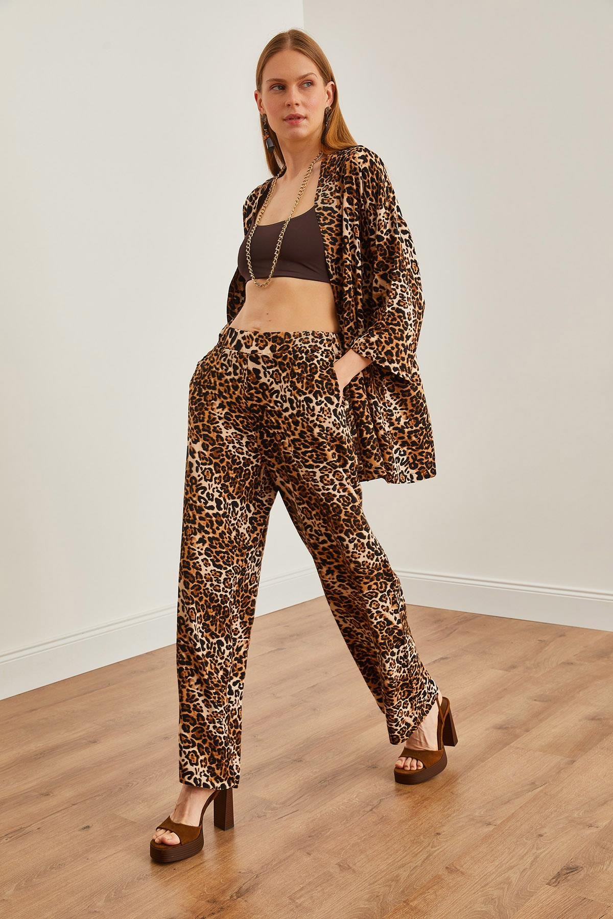 Üst Kimono Alt Cepli Palazzo Pantolon Takım Leopar Siyah
