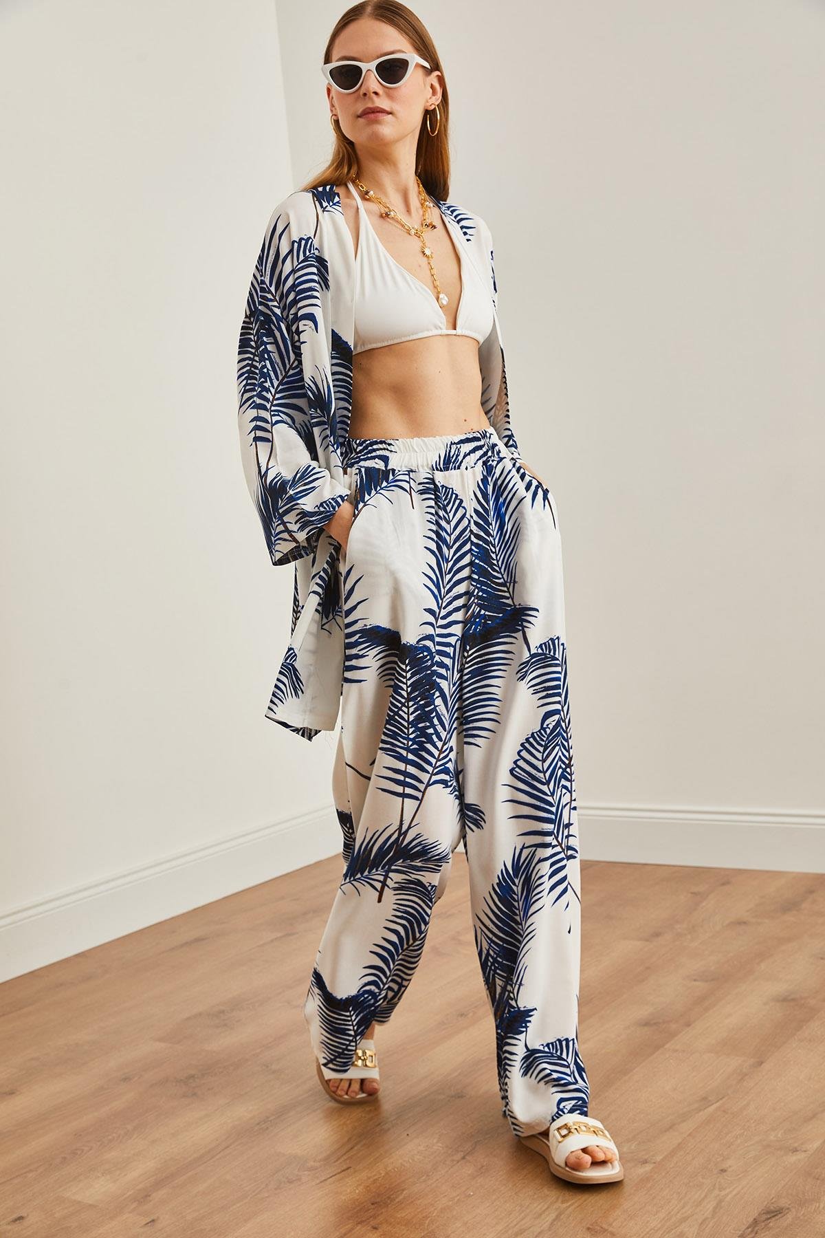 Üst Kimono Alt Cepli Palazzo Pantolon Takım Beyaz Lacivert