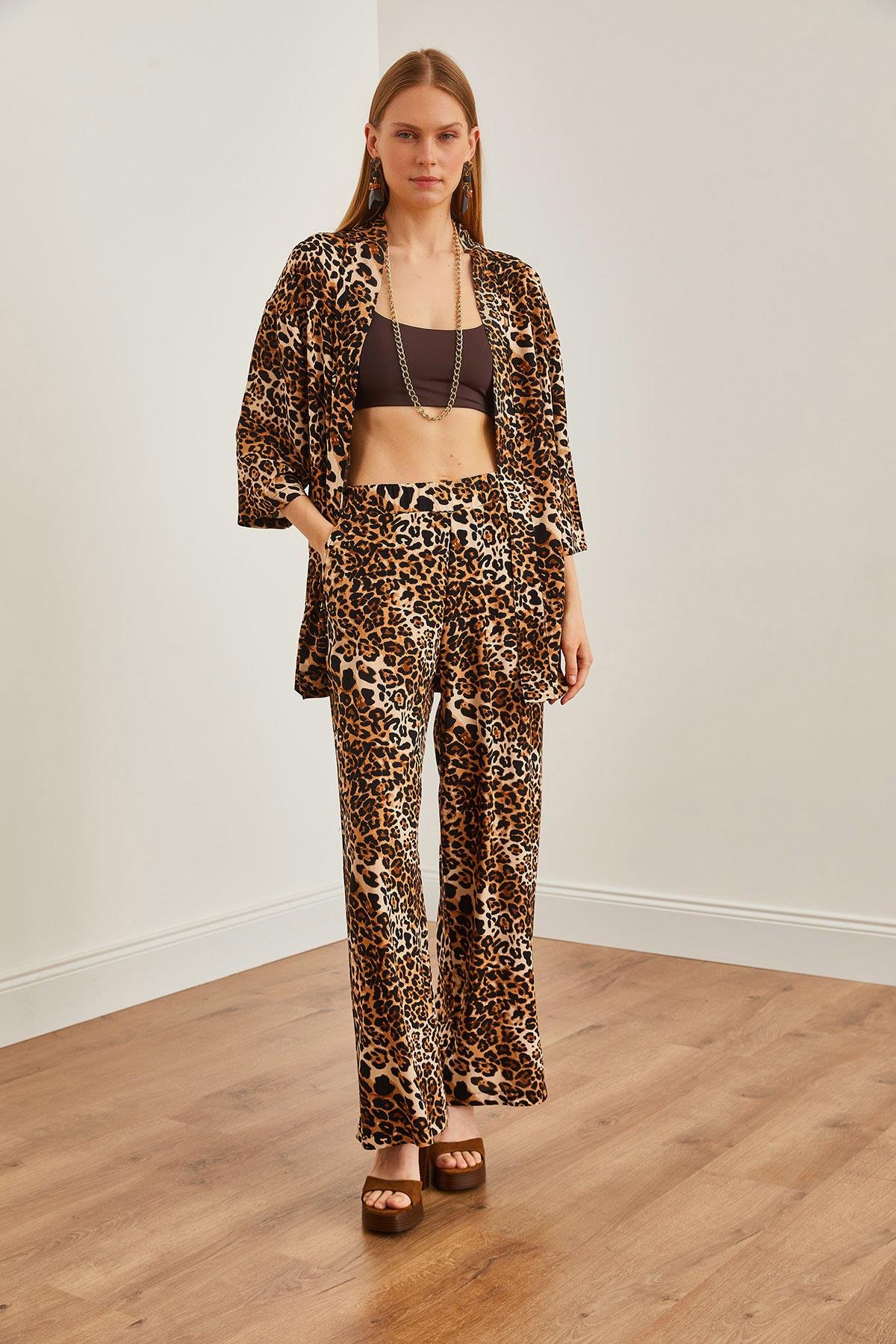 Üst Kimono Alt Cepli Palazzo Pantolon Takım Leopar Siyah