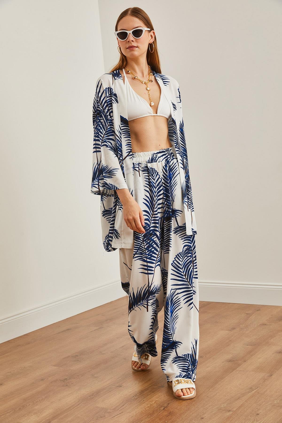 Üst Kimono Alt Cepli Palazzo Pantolon Takım Beyaz Lacivert