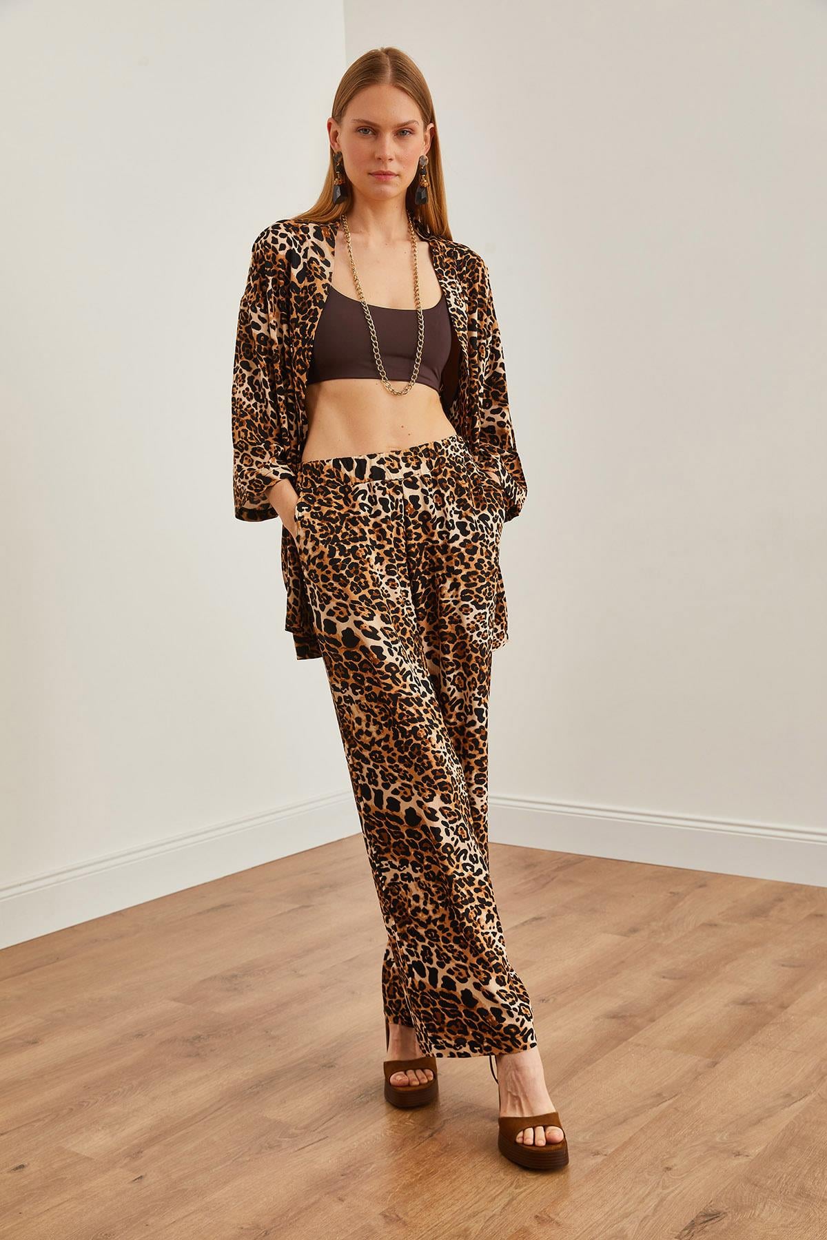 Üst Kimono Alt Cepli Palazzo Pantolon Takım Leopar Siyah