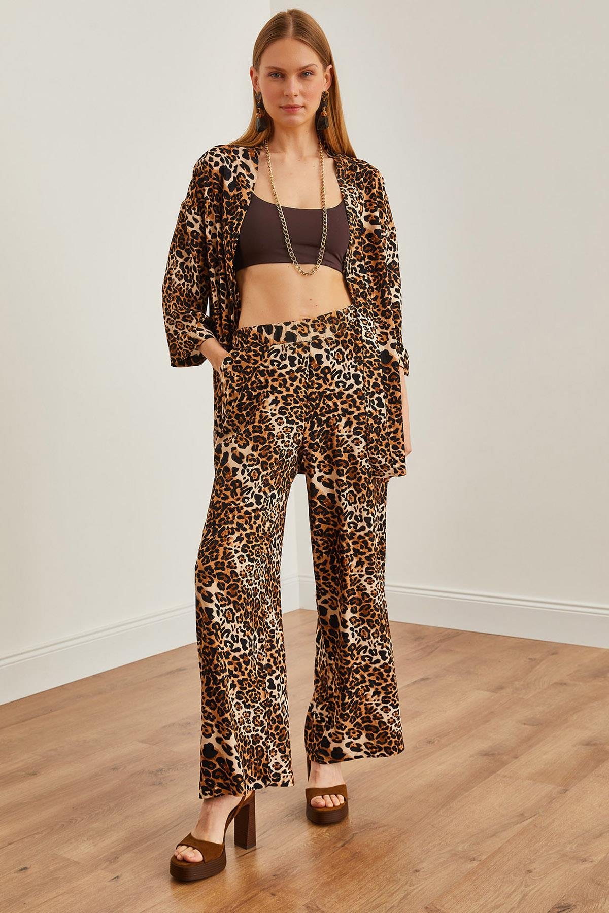 Üst Kimono Alt Cepli Palazzo Pantolon Takım Leopar Siyah