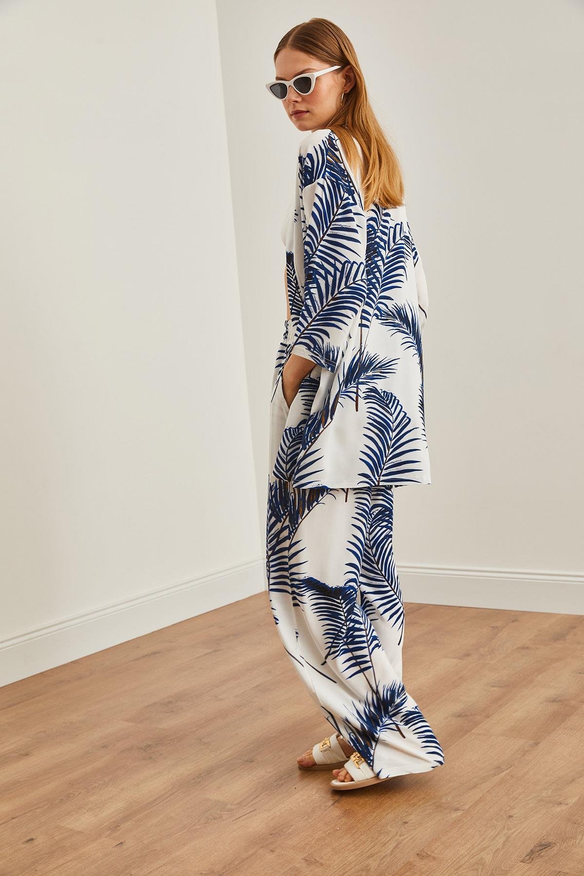 Üst Kimono Alt Cepli Palazzo Pantolon Takım Beyaz Lacivert
