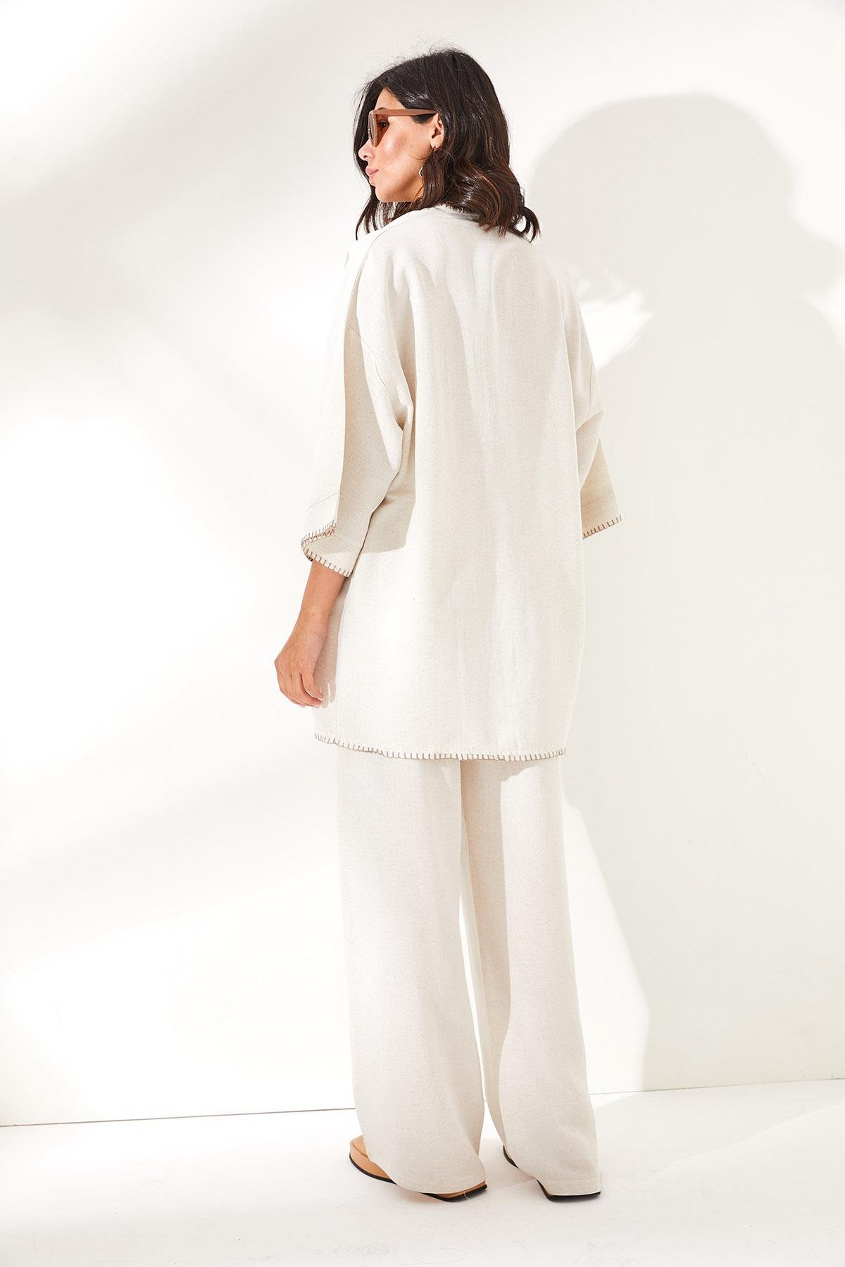 Üst Kimono Alt Cepli Pantolon Keten Takım Taş