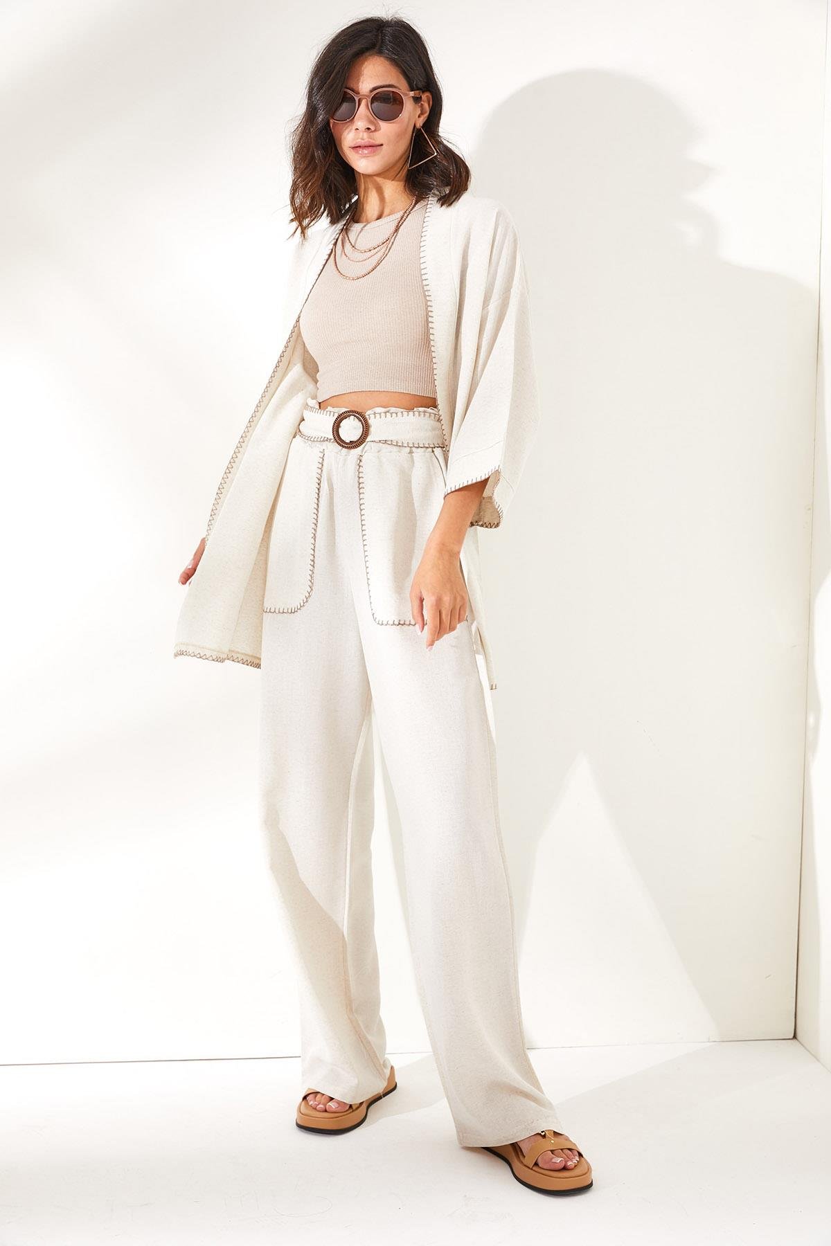 Üst Kimono Alt Cepli Pantolon Keten Takım Taş