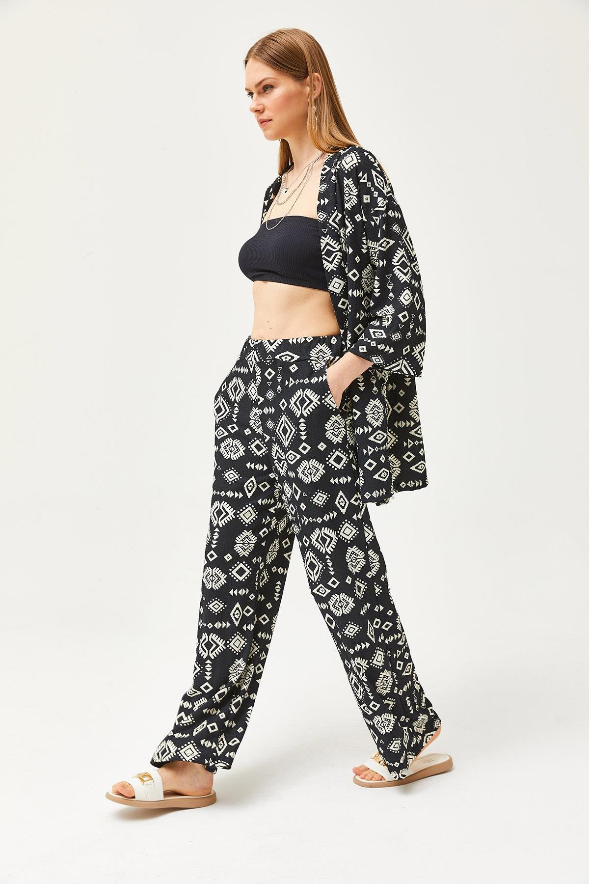 Üst Kimono Alt Cepli Pantolon Takım Etnik Siyah