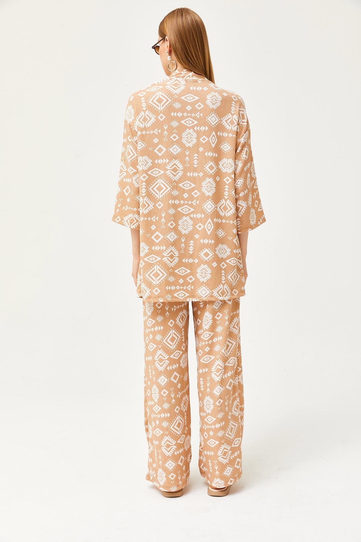 Üst Kimono Alt Cepli Pantolon Takım Etnik Camel