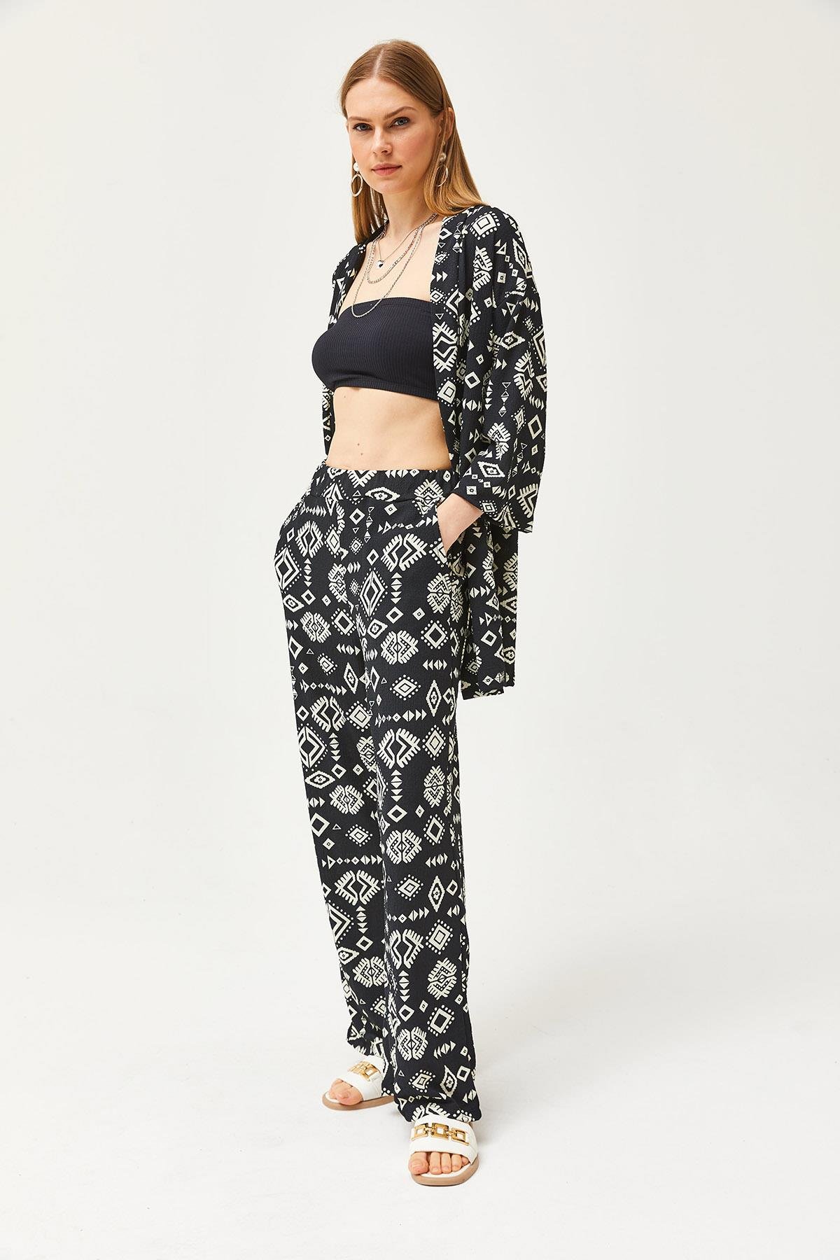 Üst Kimono Alt Cepli Pantolon Takım Etnik Siyah