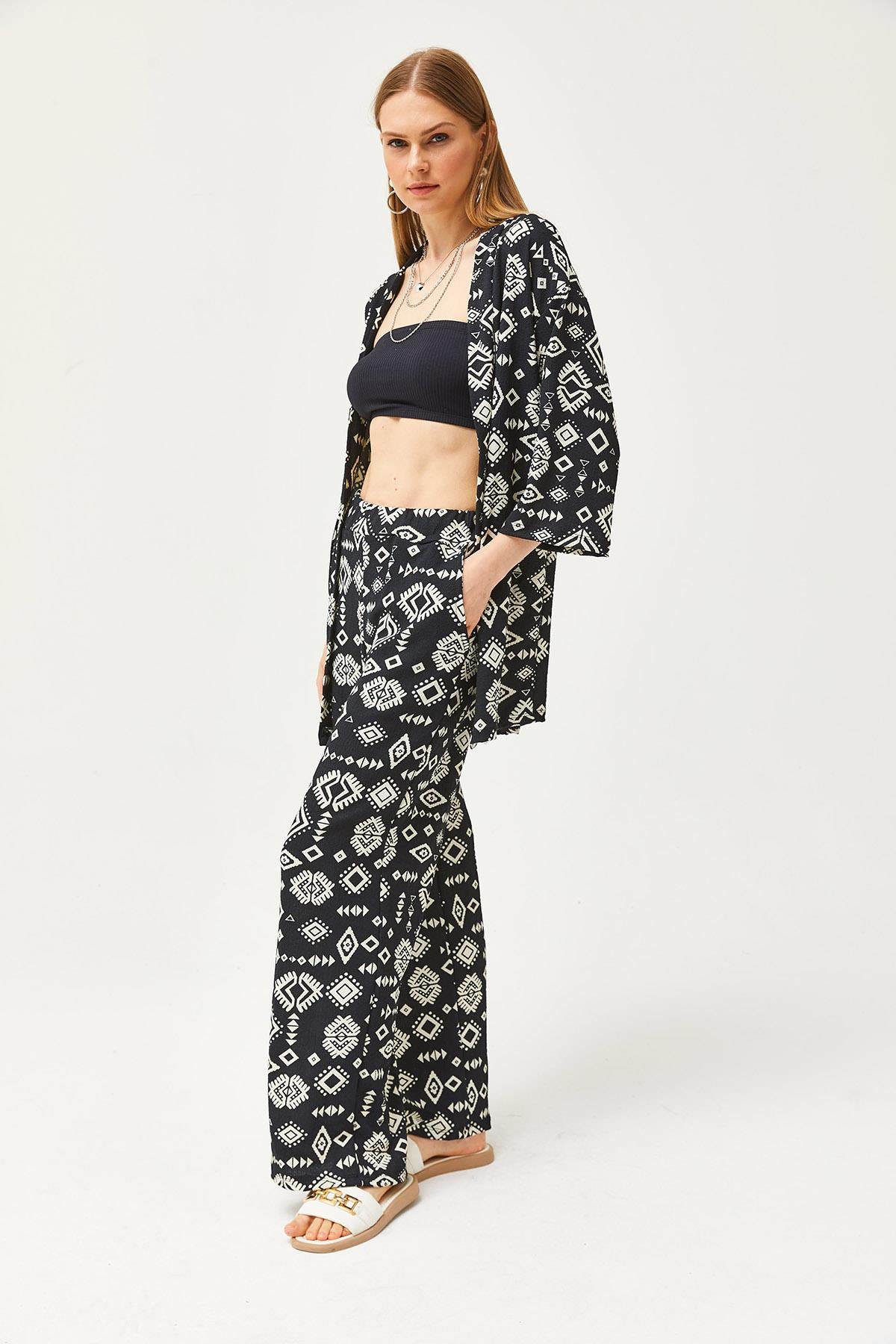 Üst Kimono Alt Cepli Pantolon Takım Etnik Siyah
