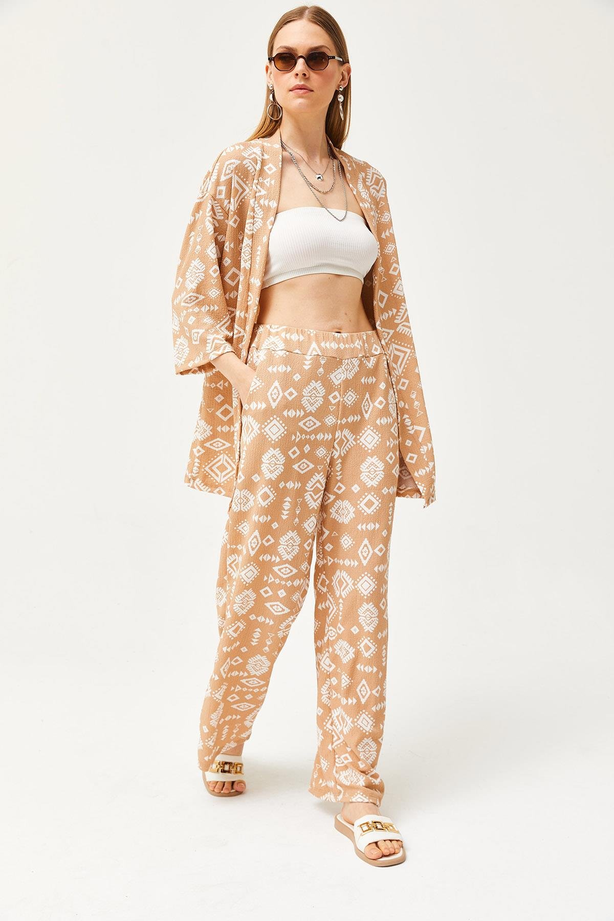 Üst Kimono Alt Cepli Pantolon Takım Etnik Camel