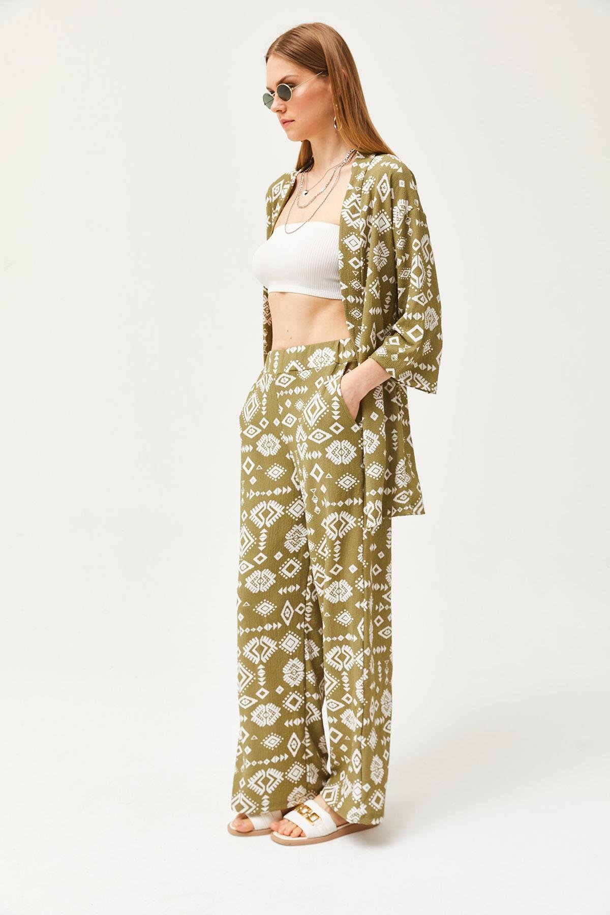 Üst Kimono Alt Cepli Pantolon Takım Etnik Haki