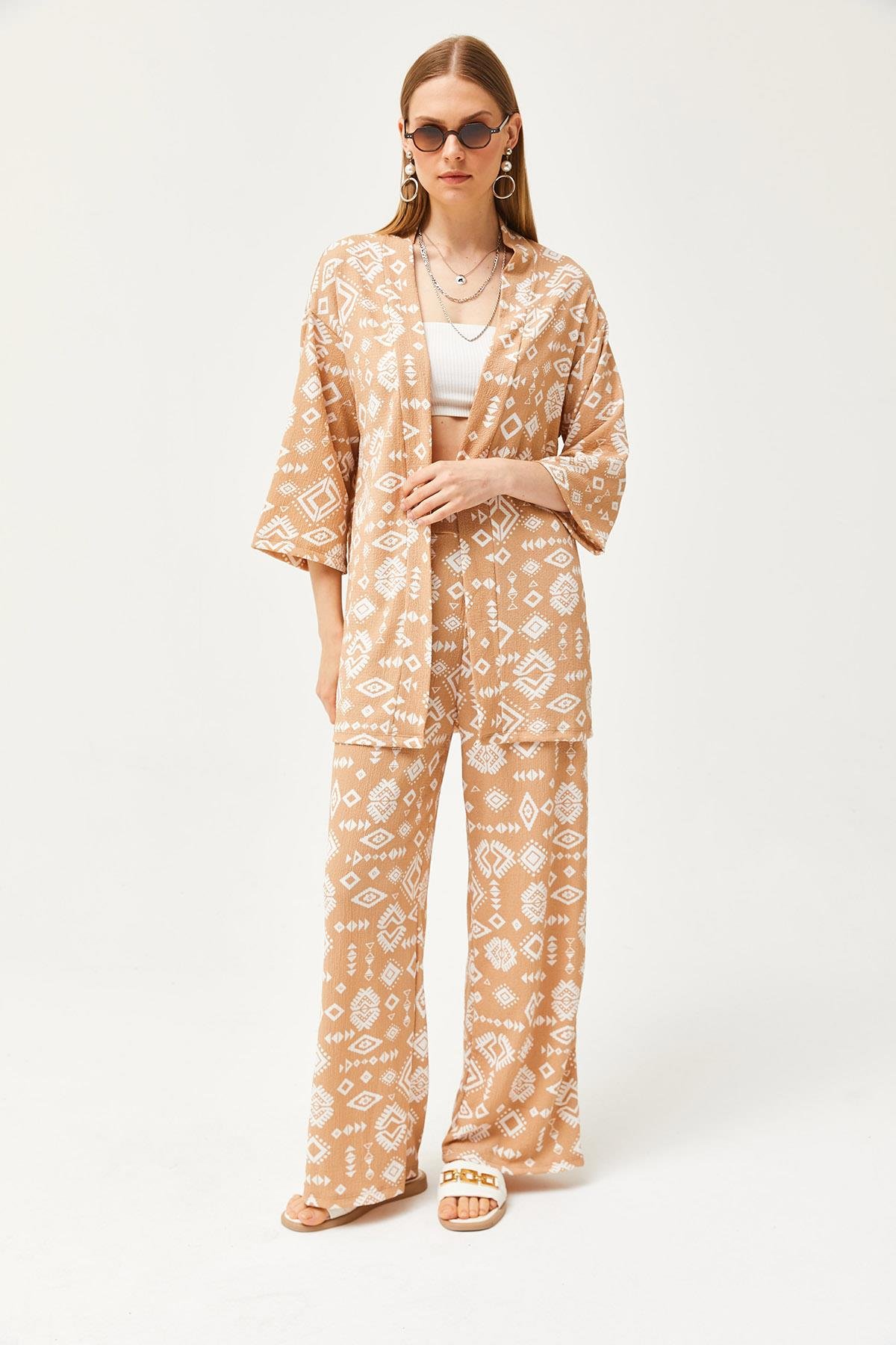 Üst Kimono Alt Cepli Pantolon Takım Etnik Camel