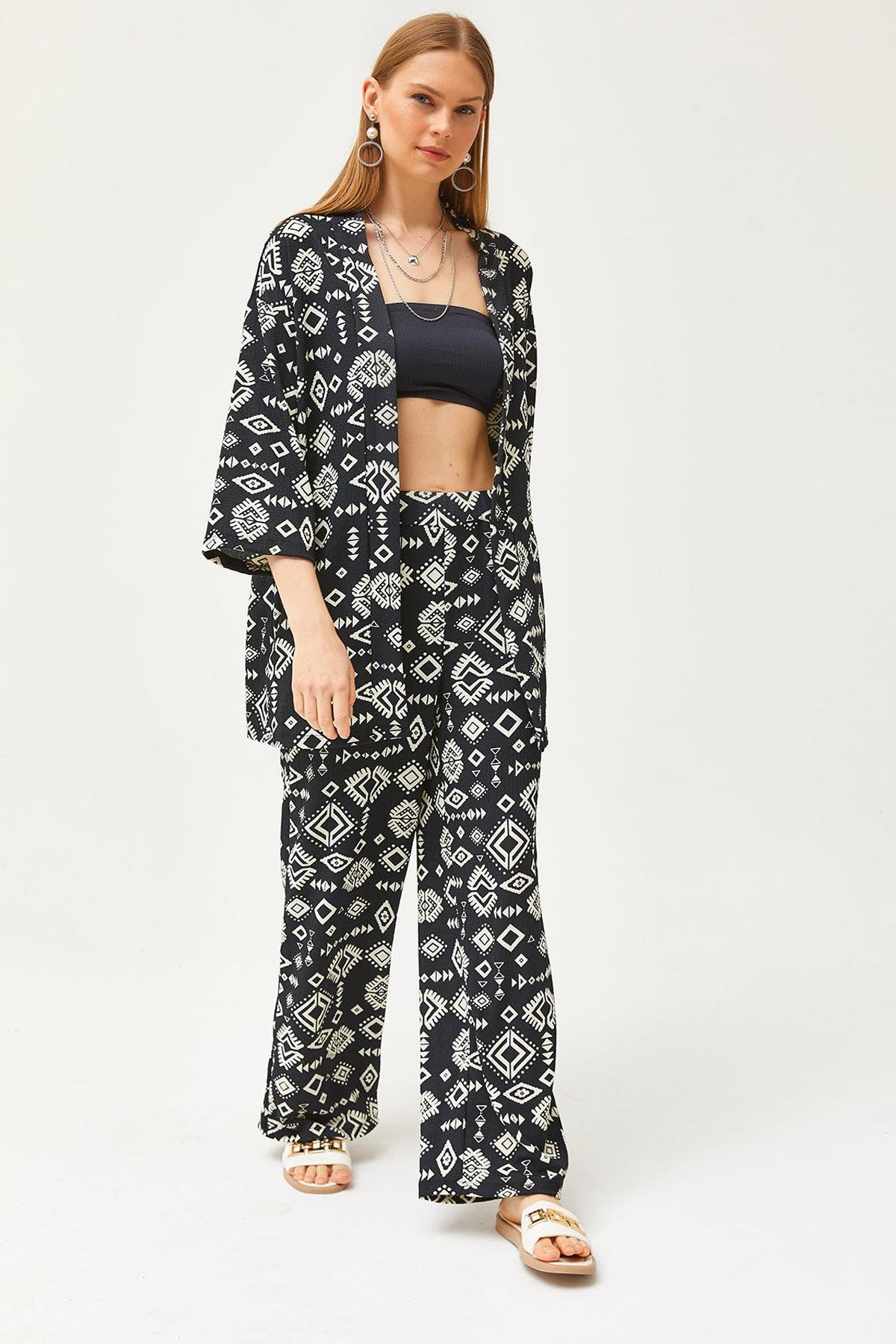 Üst Kimono Alt Cepli Pantolon Takım Etnik Siyah