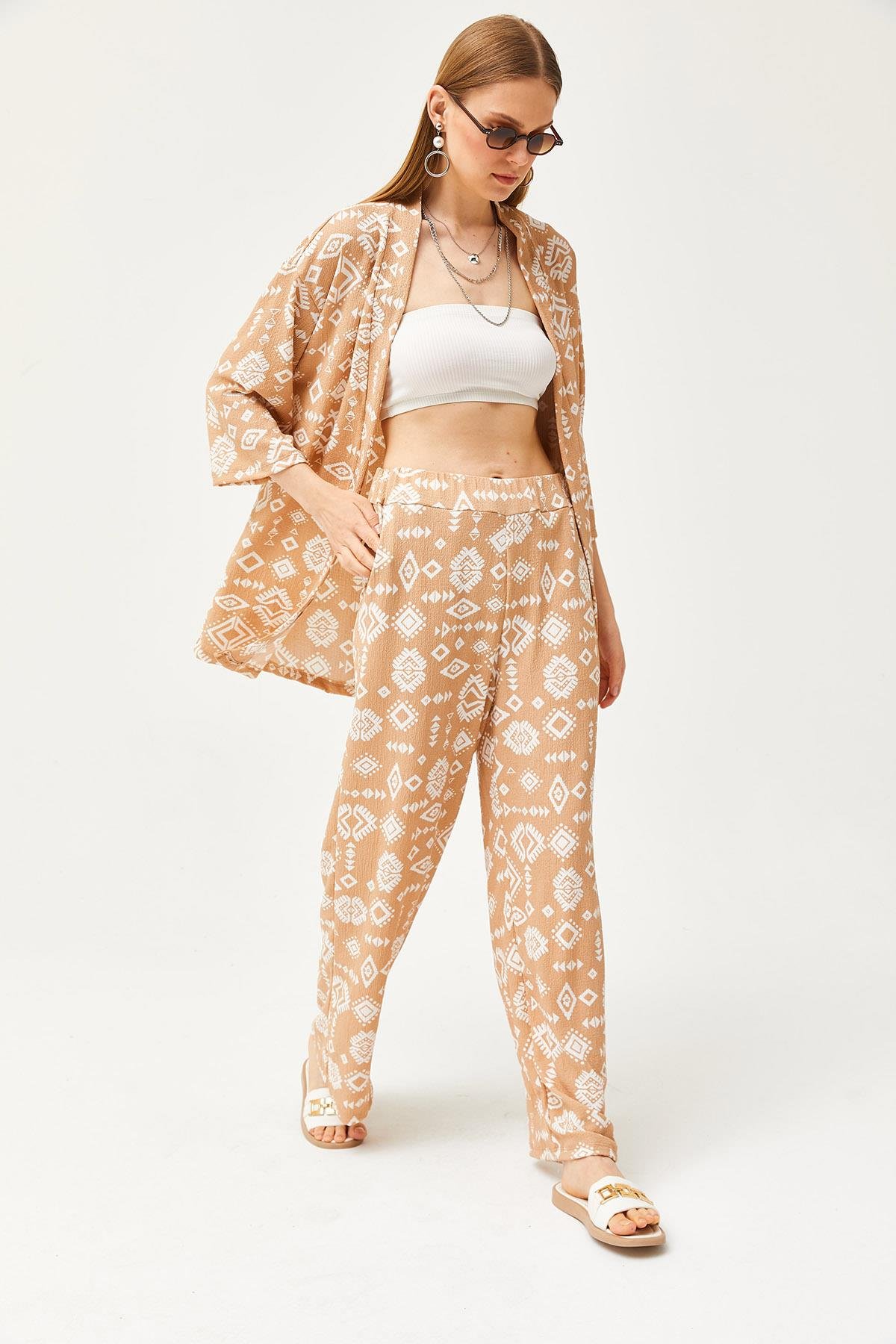 Üst Kimono Alt Cepli Pantolon Takım Etnik Camel