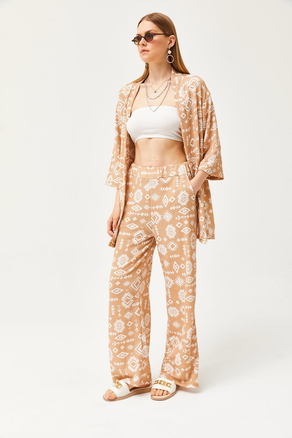 Üst Kimono Alt Cepli Pantolon Takım Etnik Camel