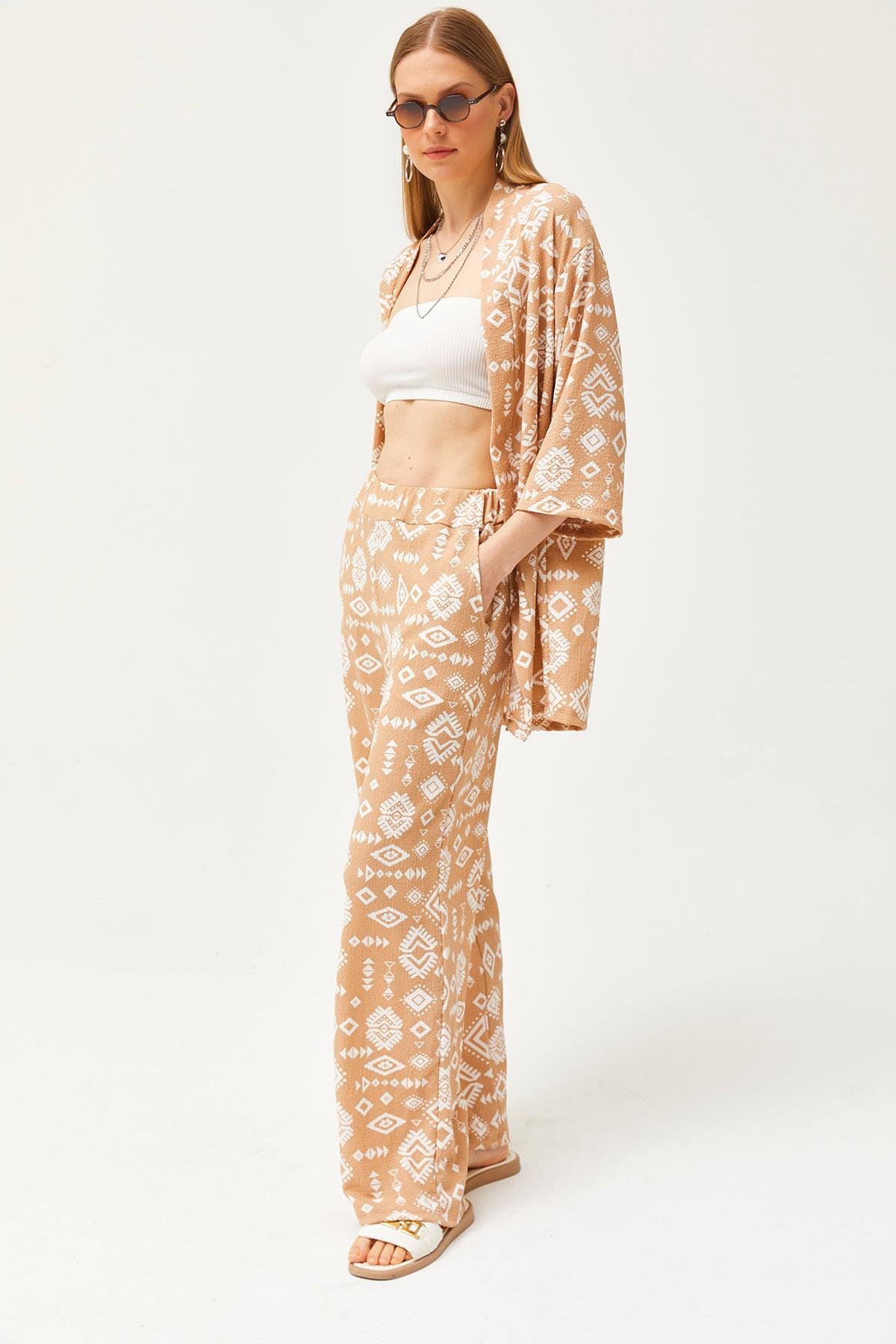 Üst Kimono Alt Cepli Pantolon Takım Etnik Camel