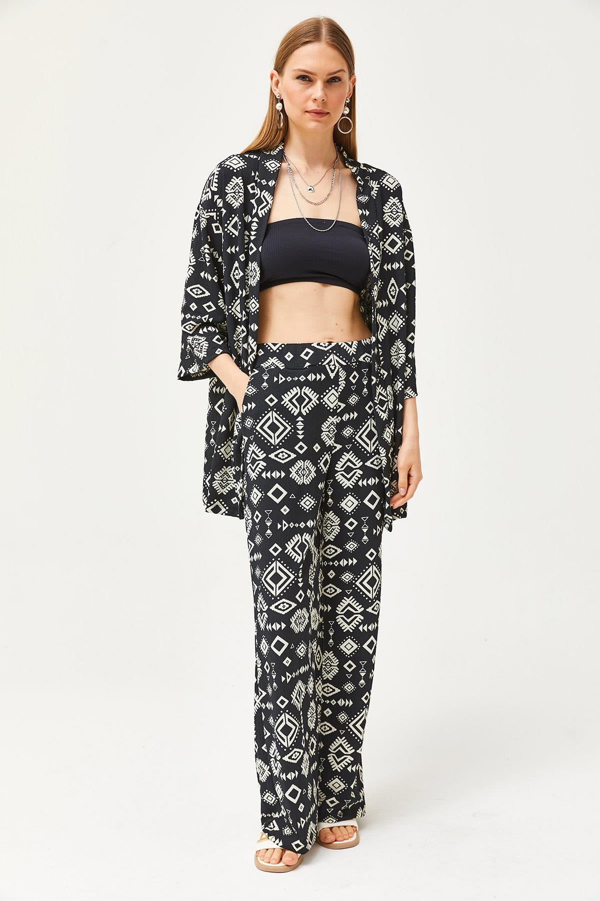Üst Kimono Alt Cepli Pantolon Takım Etnik Siyah