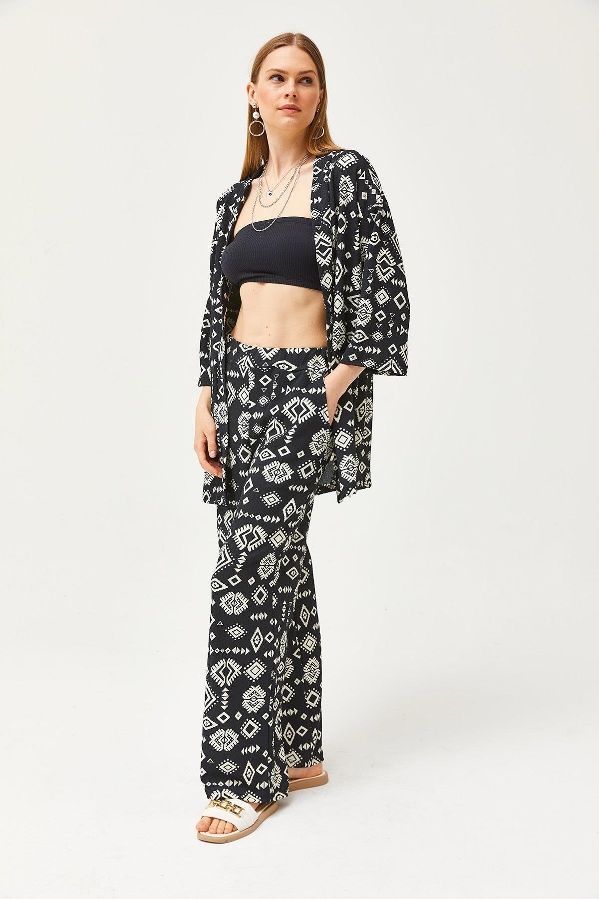 Üst Kimono Alt Cepli Pantolon Takım Etnik Siyah