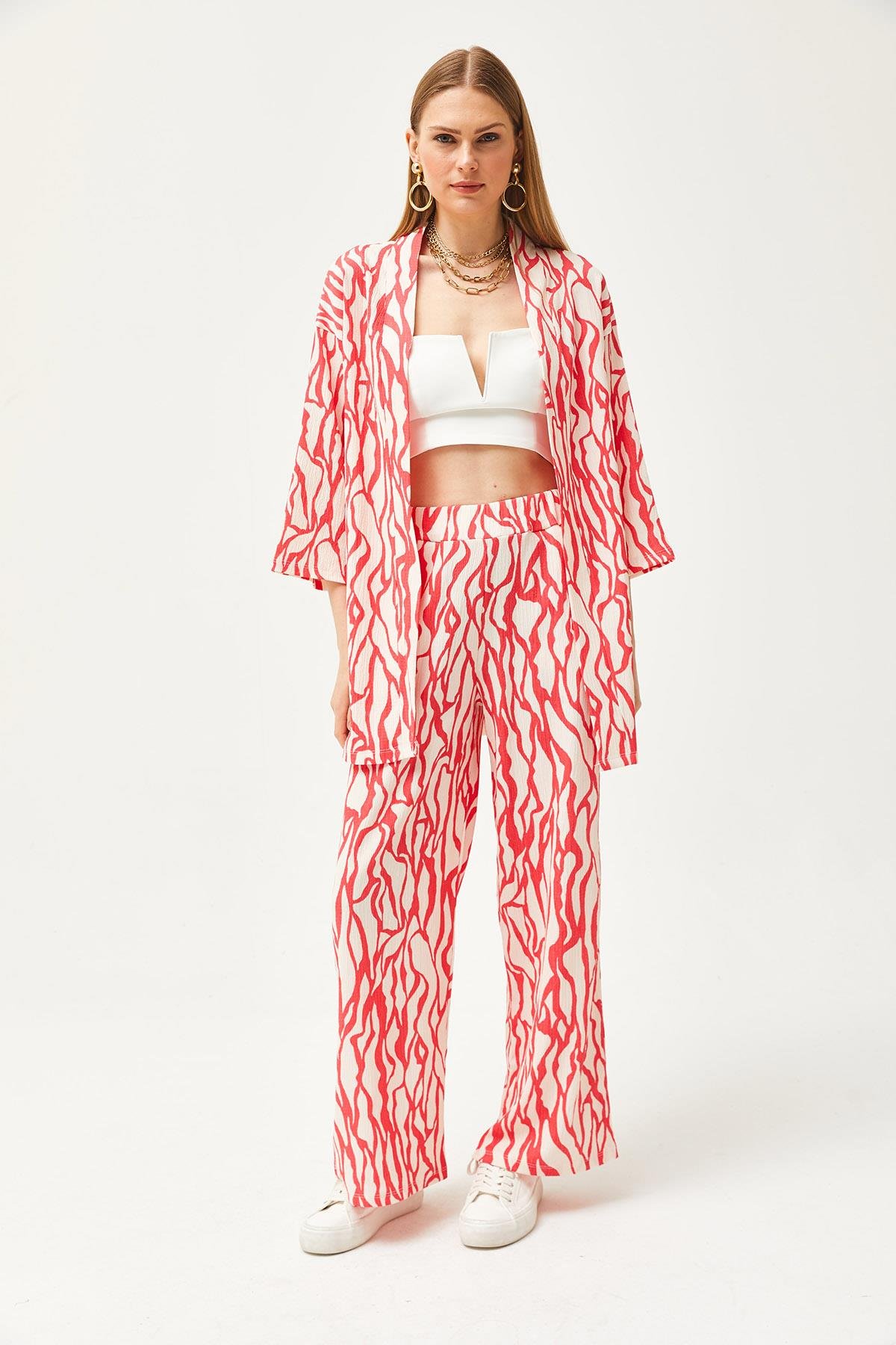 Üst Kimono Alt Cepli Pantolon Takım Fuşya