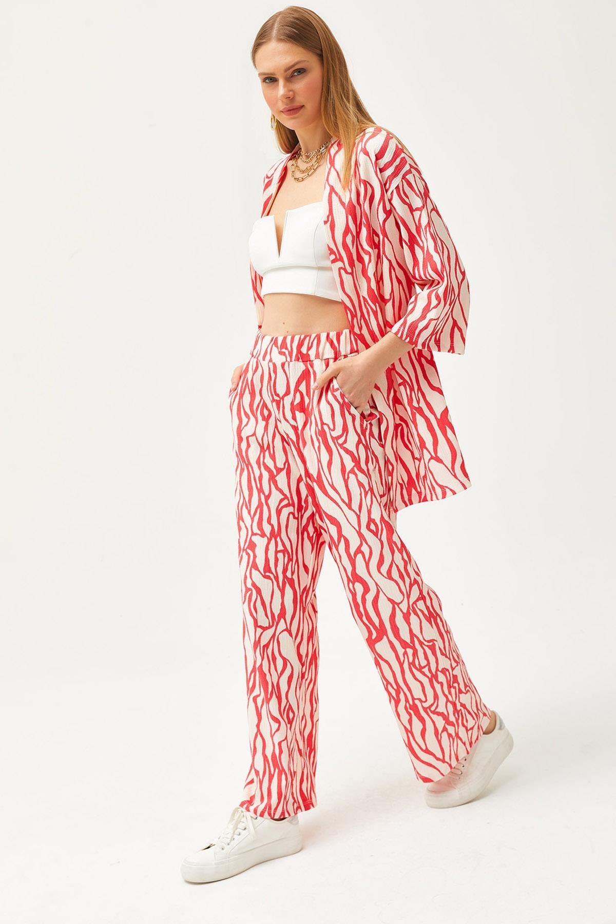 Üst Kimono Alt Cepli Pantolon Takım Fuşya