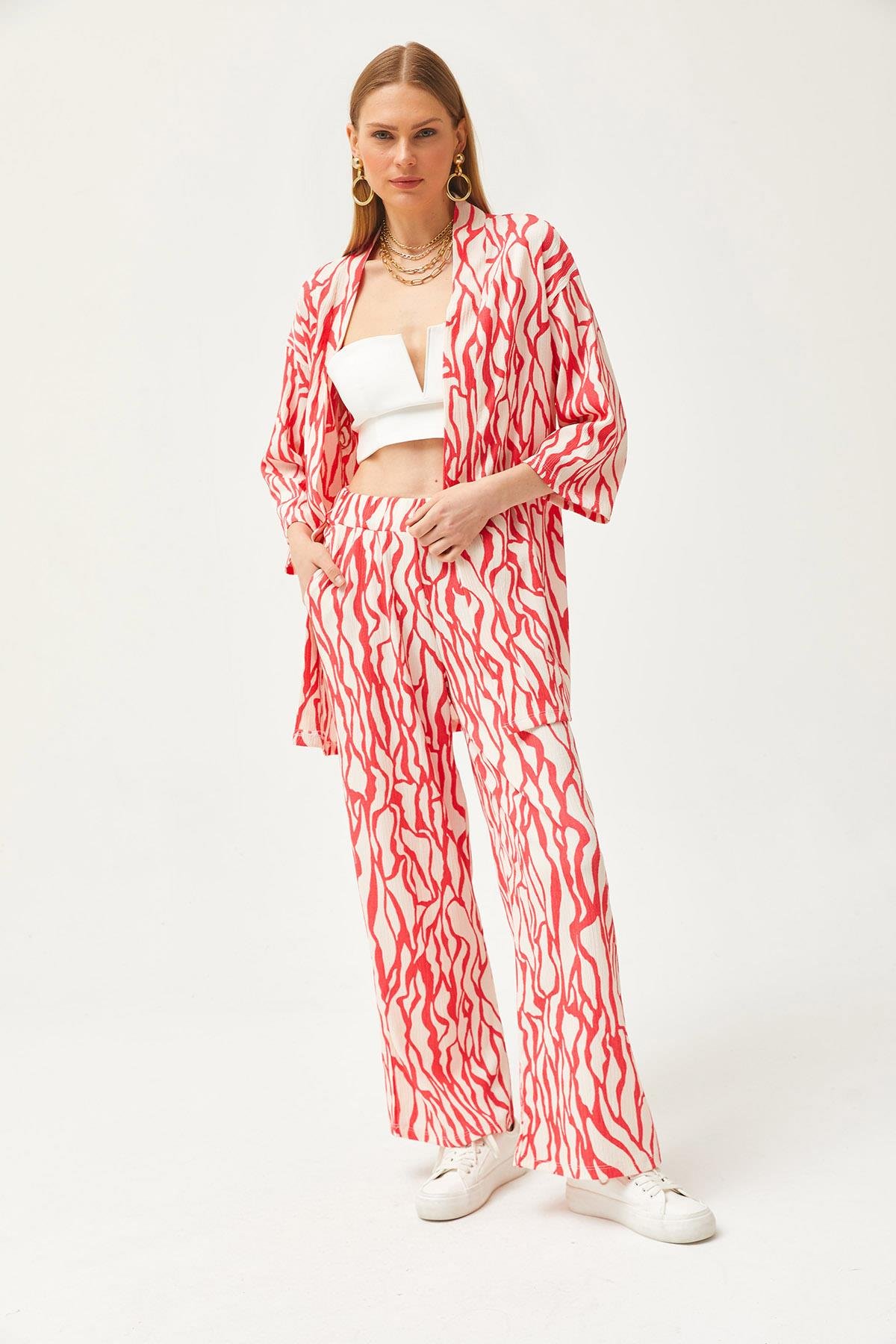 Üst Kimono Alt Cepli Pantolon Takım Fuşya