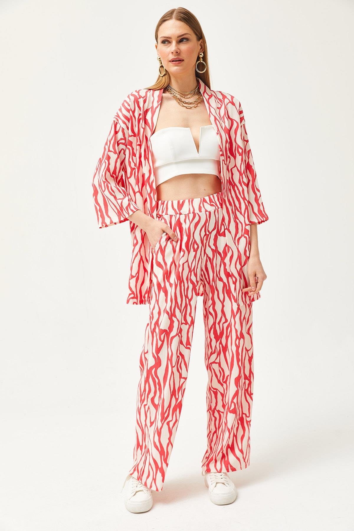 Üst Kimono Alt Cepli Pantolon Takım Fuşya