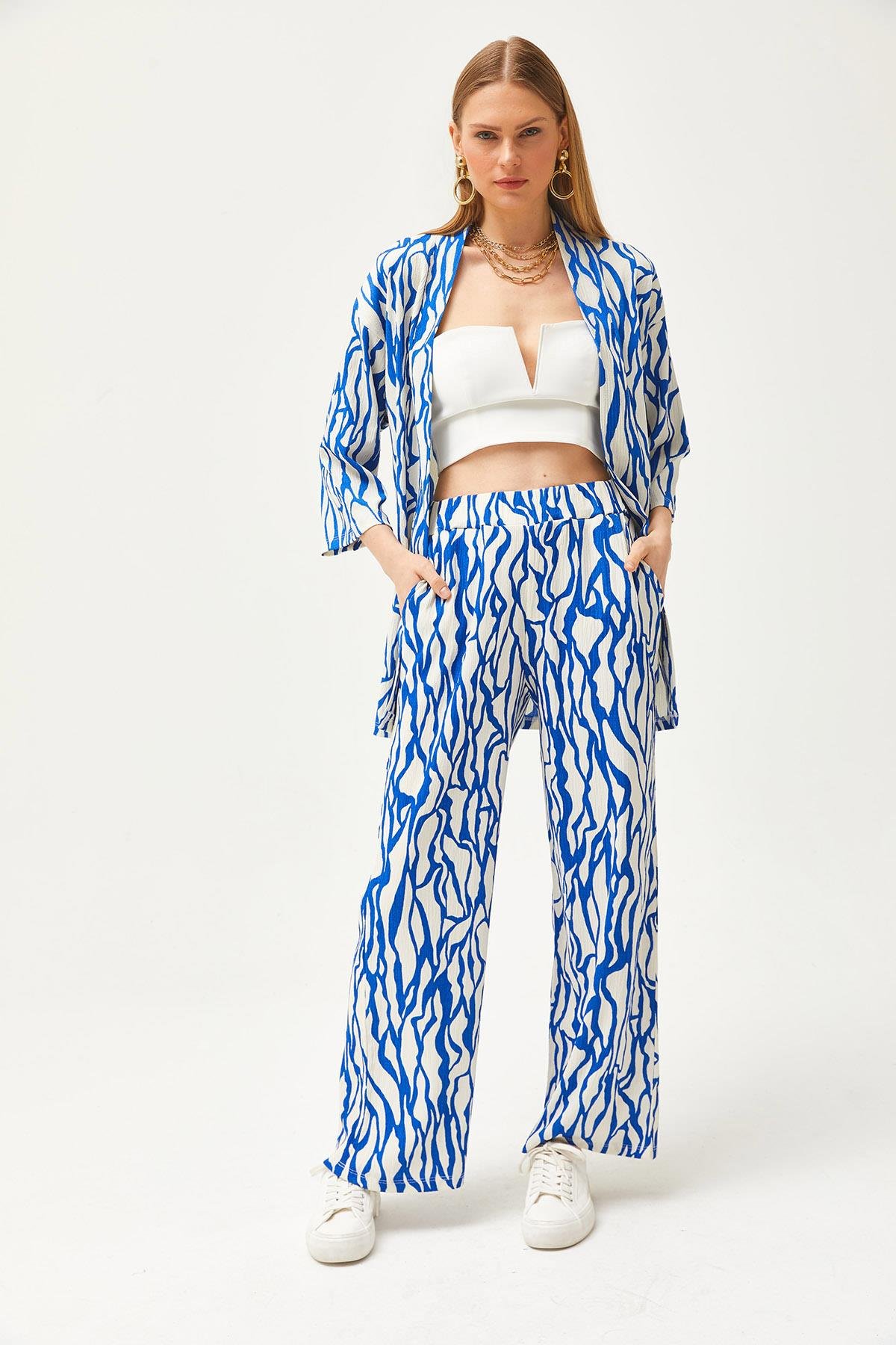 Üst Kimono Alt Cepli Pantolon Takım Saks Mavi