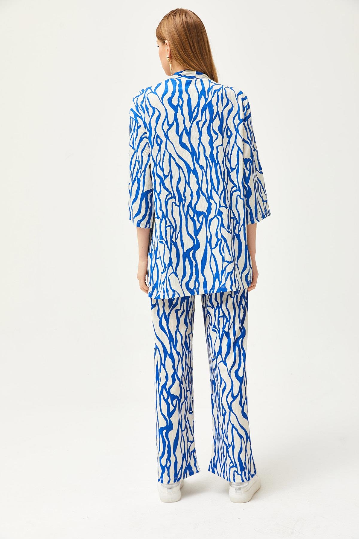Üst Kimono Alt Cepli Pantolon Takım Saks Mavi