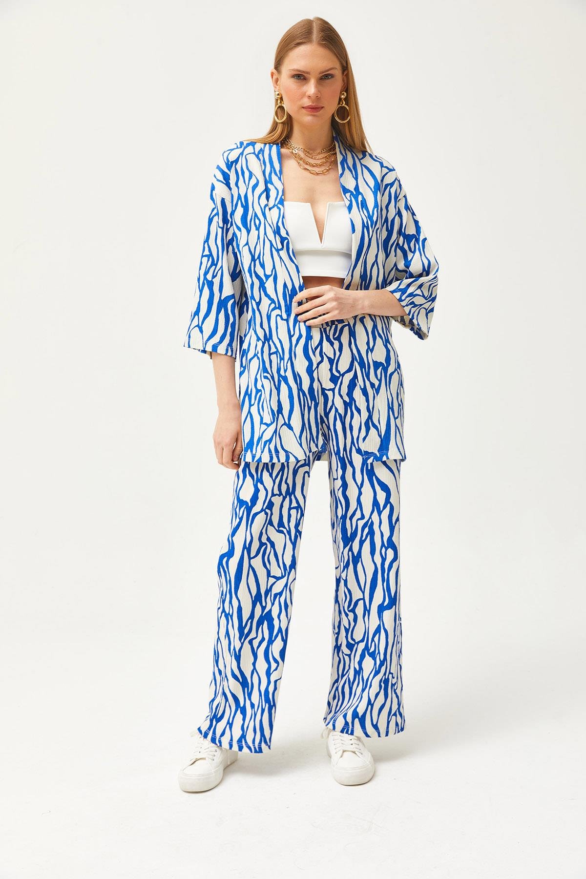 Üst Kimono Alt Cepli Pantolon Takım Saks Mavi