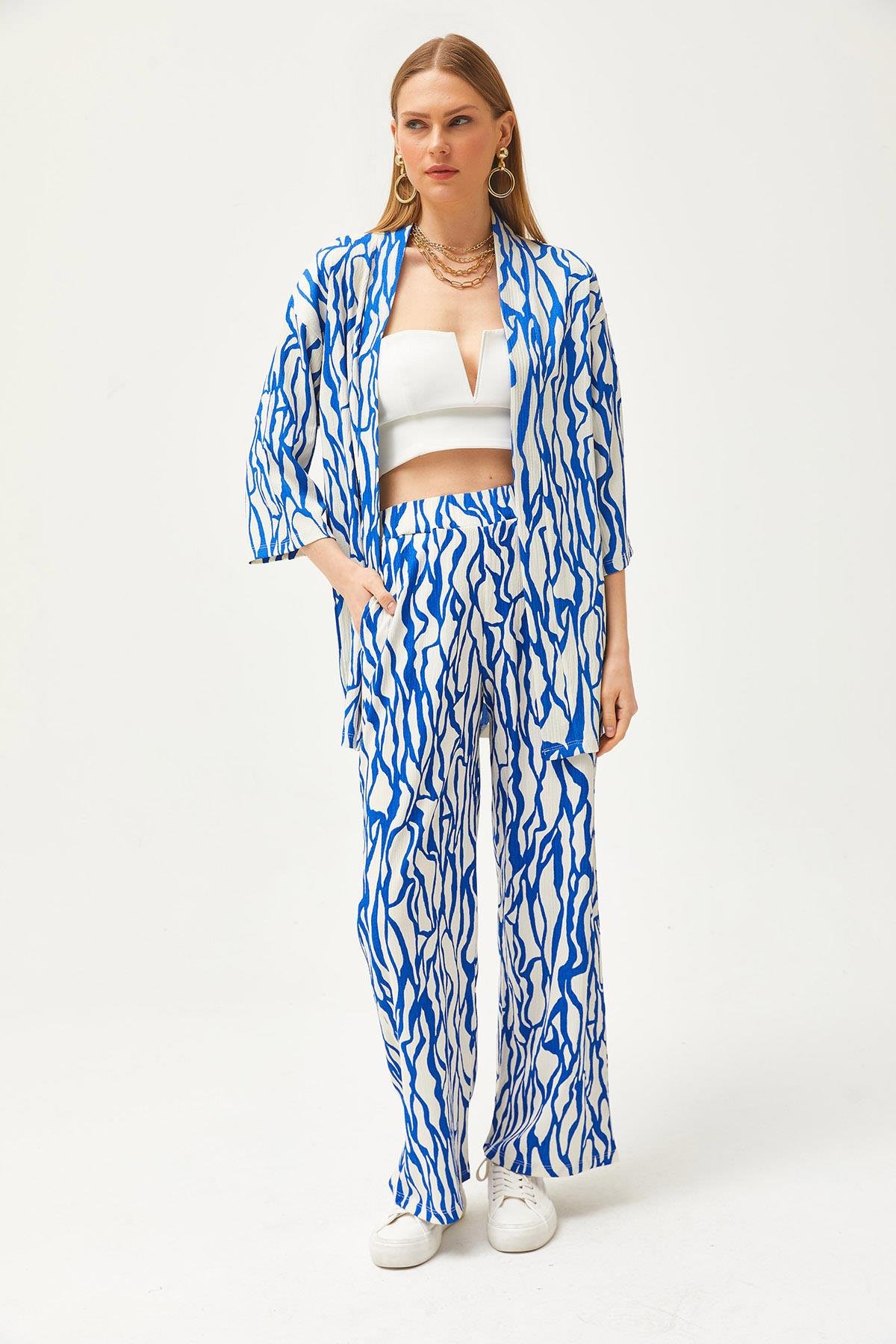 Üst Kimono Alt Cepli Pantolon Takım Saks Mavi