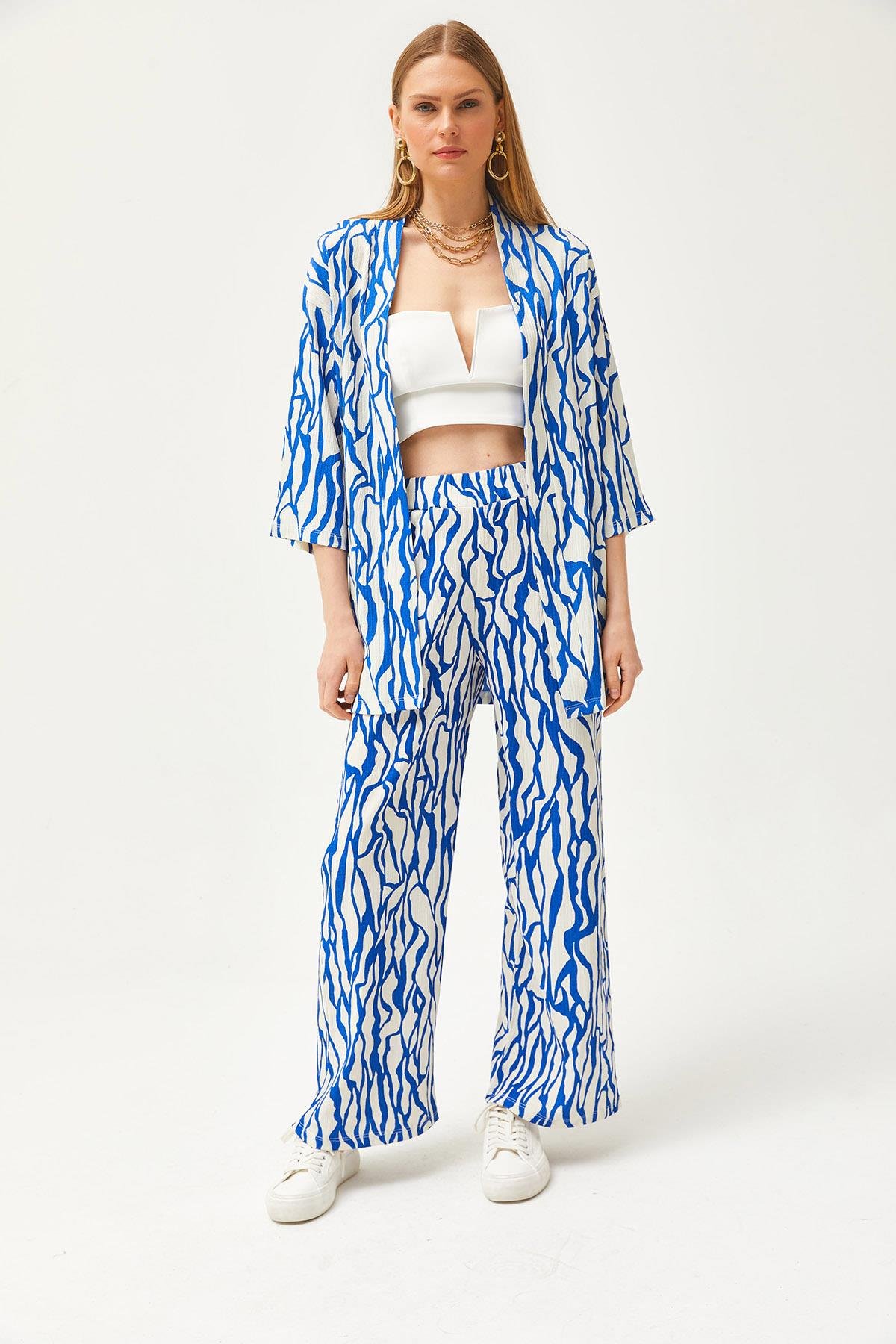 Üst Kimono Alt Cepli Pantolon Takım Saks Mavi