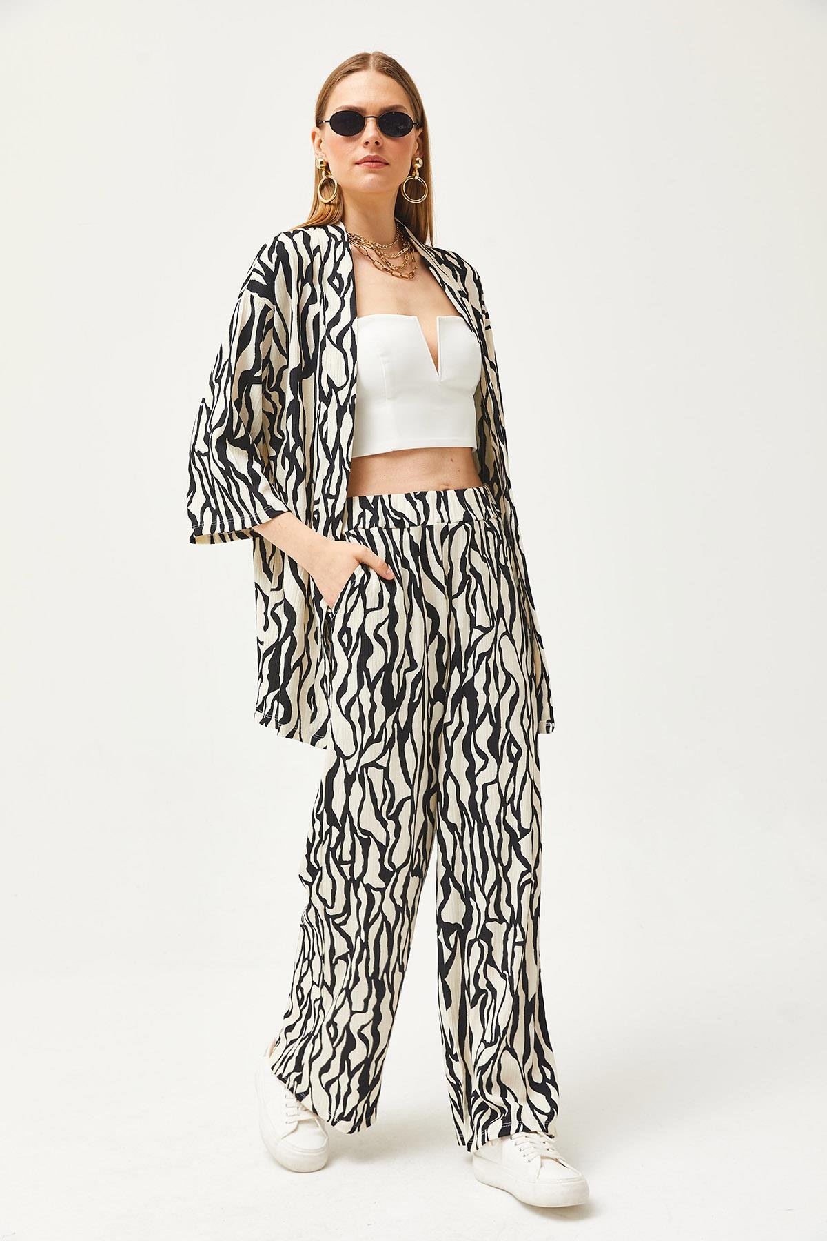 Üst Kimono Alt Cepli Pantolon Takım Siyah