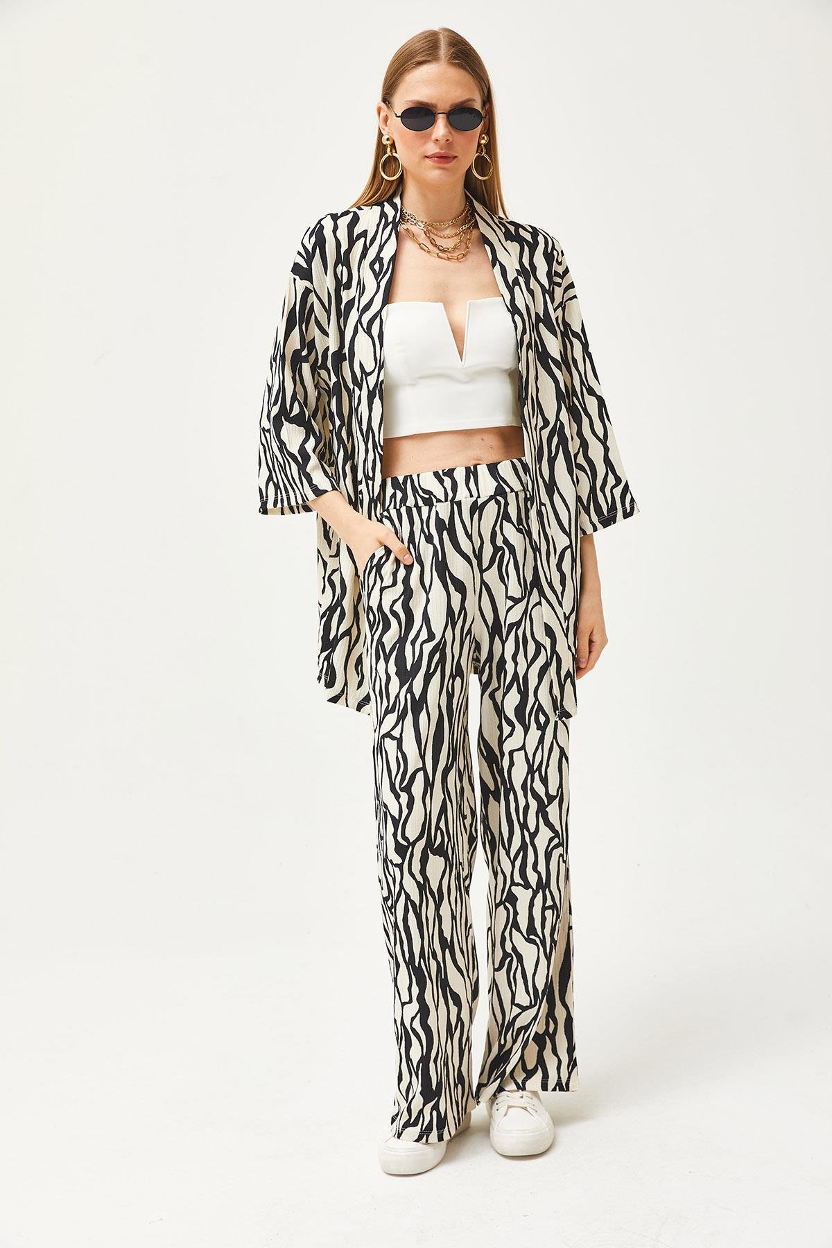 Üst Kimono Alt Cepli Pantolon Takım Siyah