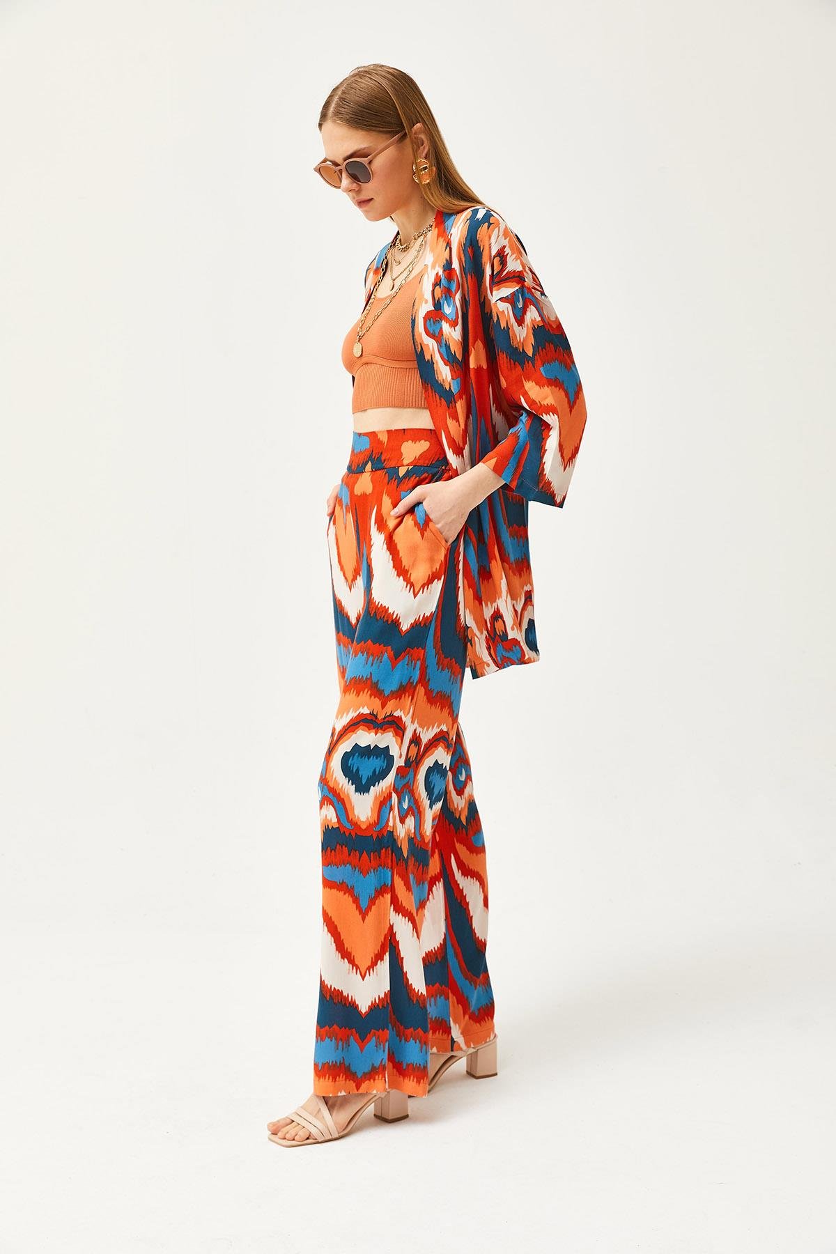 Üst Kimono Alt Cepli Pantolon Takım Turuncu Mavi