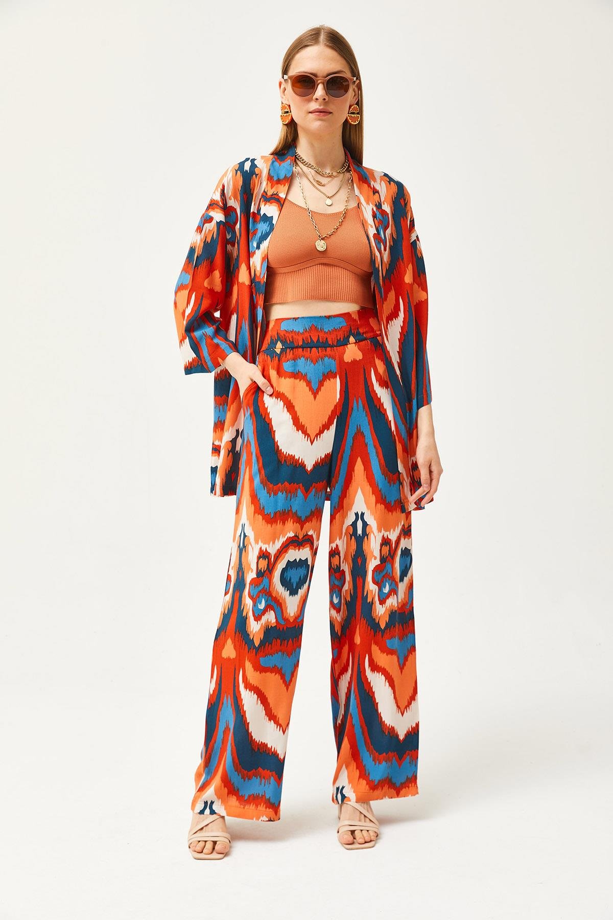 Üst Kimono Alt Cepli Pantolon Takım Turuncu Mavi