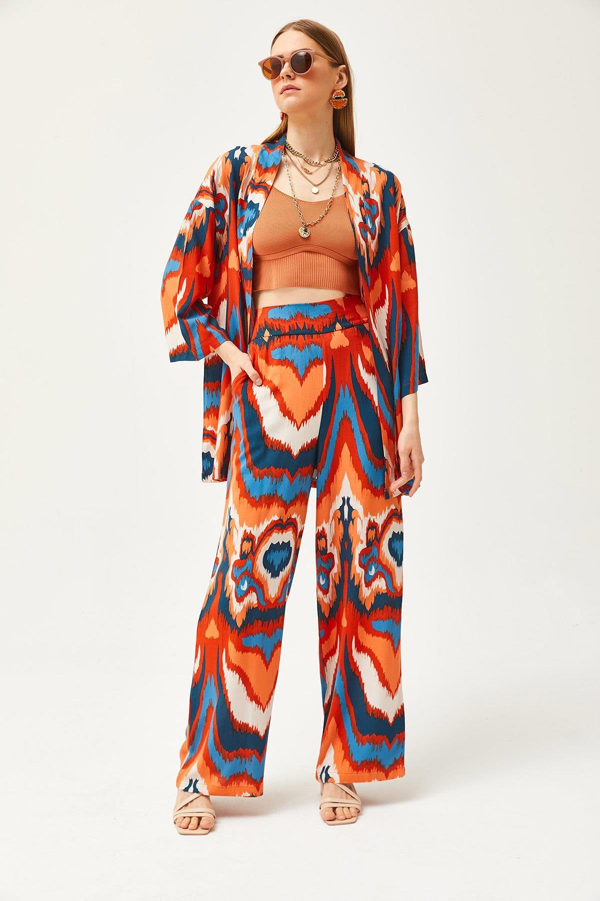 Üst Kimono Alt Cepli Pantolon Takım Turuncu Mavi