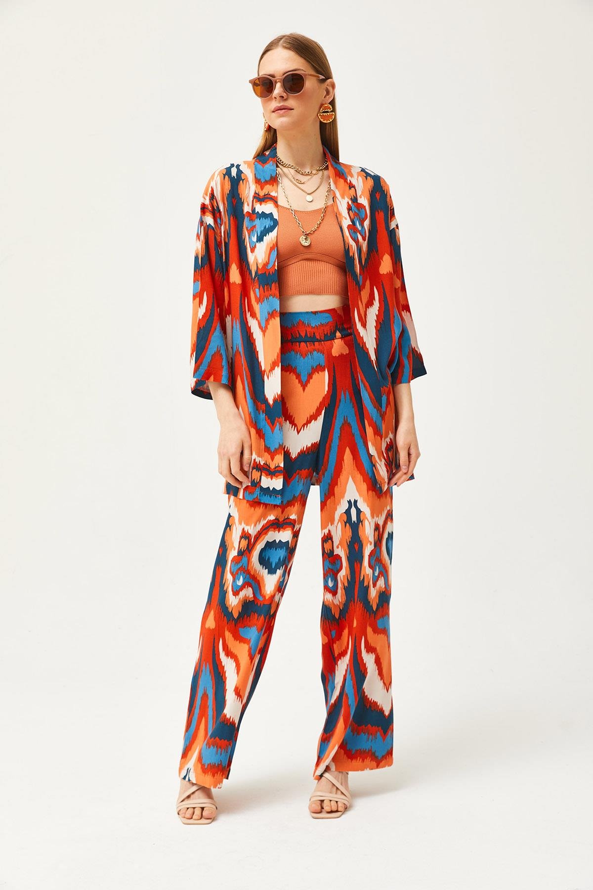 Üst Kimono Alt Cepli Pantolon Takım Turuncu Mavi