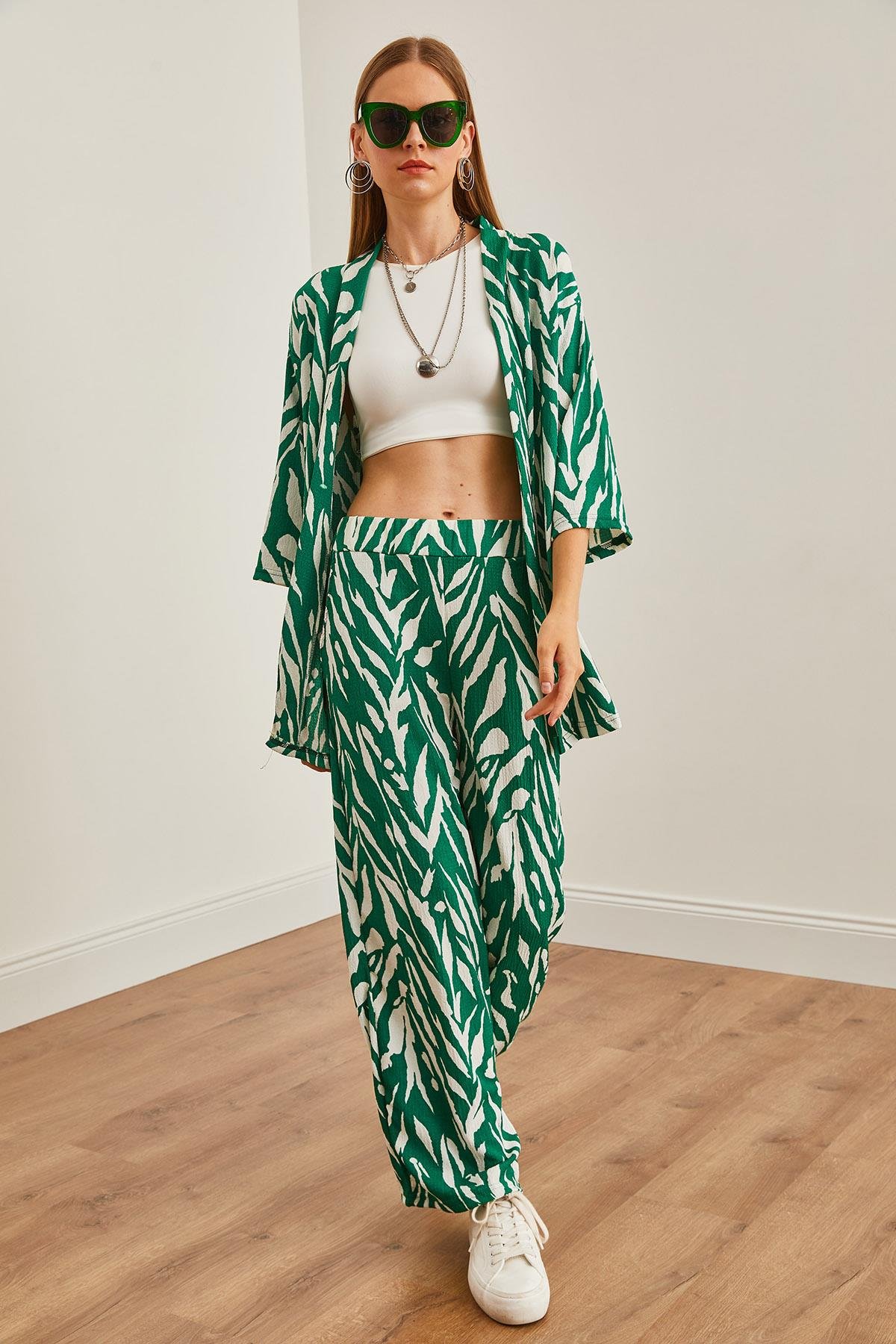 Üst Kimono Alt Cepli Pantolon Takım Yaprak Yeşil