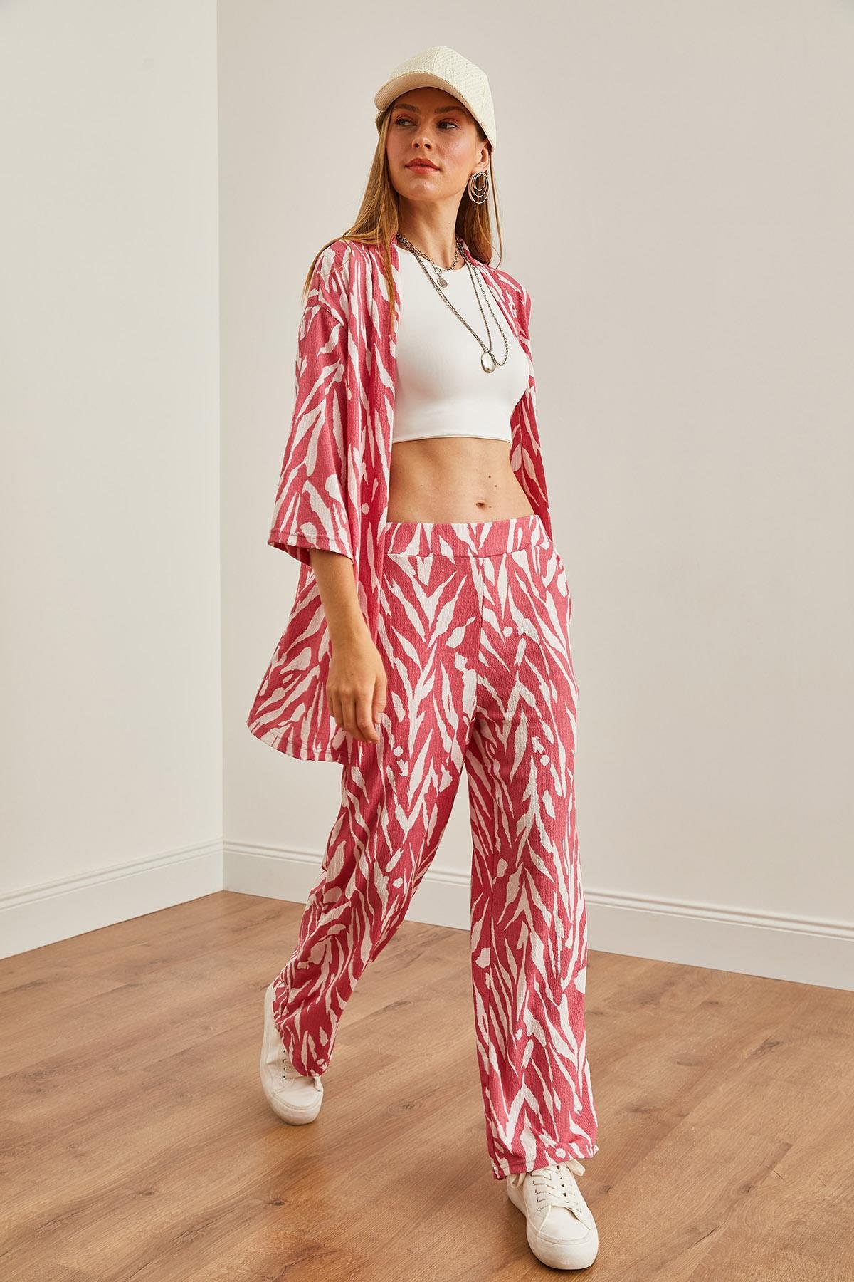 Üst Kimono Alt Cepli Pantolon Takım Yaprak Pembe