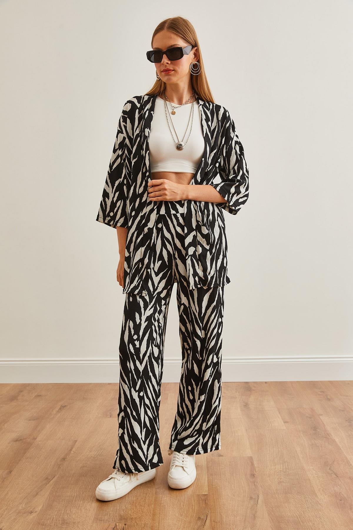 Üst Kimono Alt Cepli Pantolon Takım Yaprak Siyah