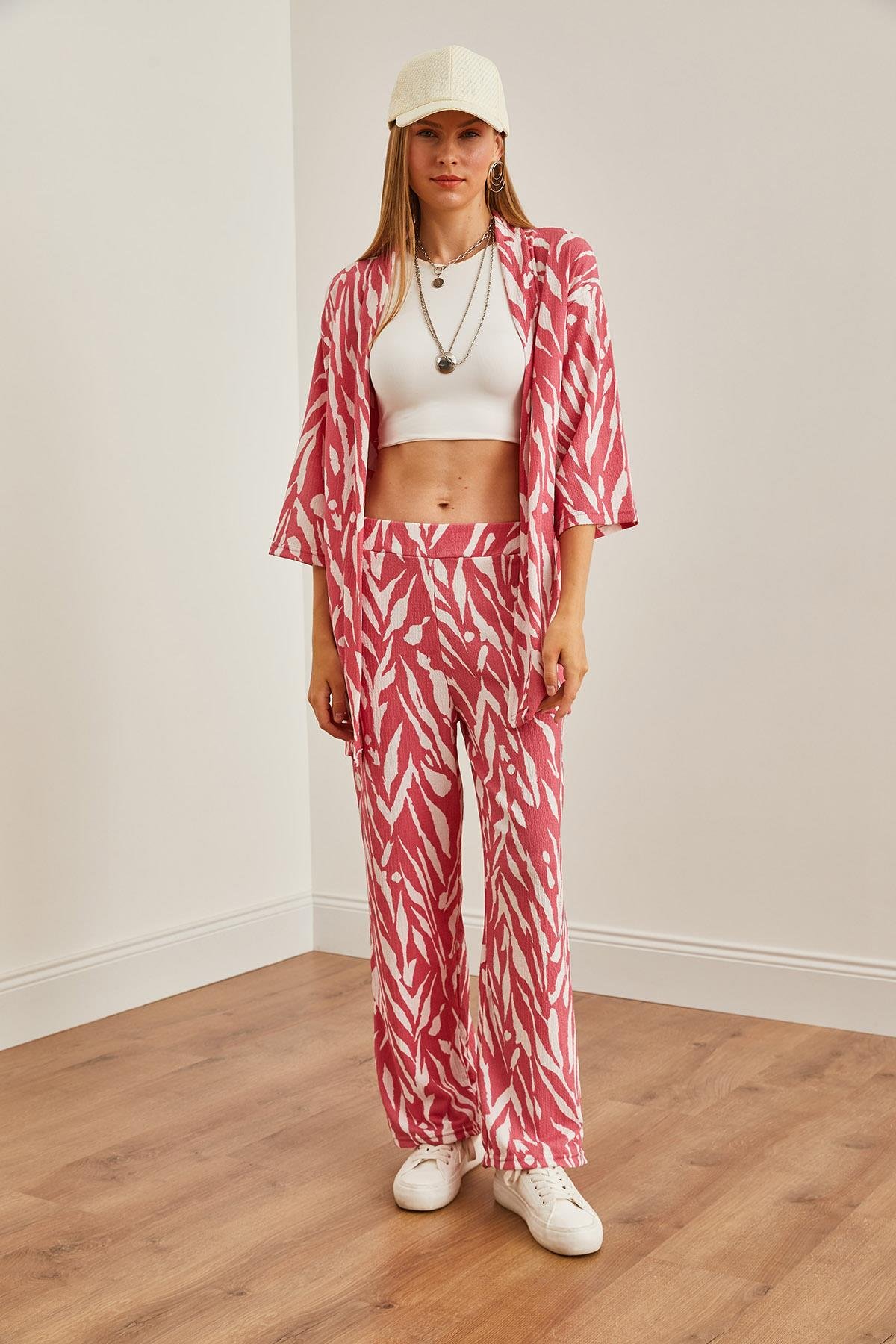 Üst Kimono Alt Cepli Pantolon Takım Yaprak Pembe