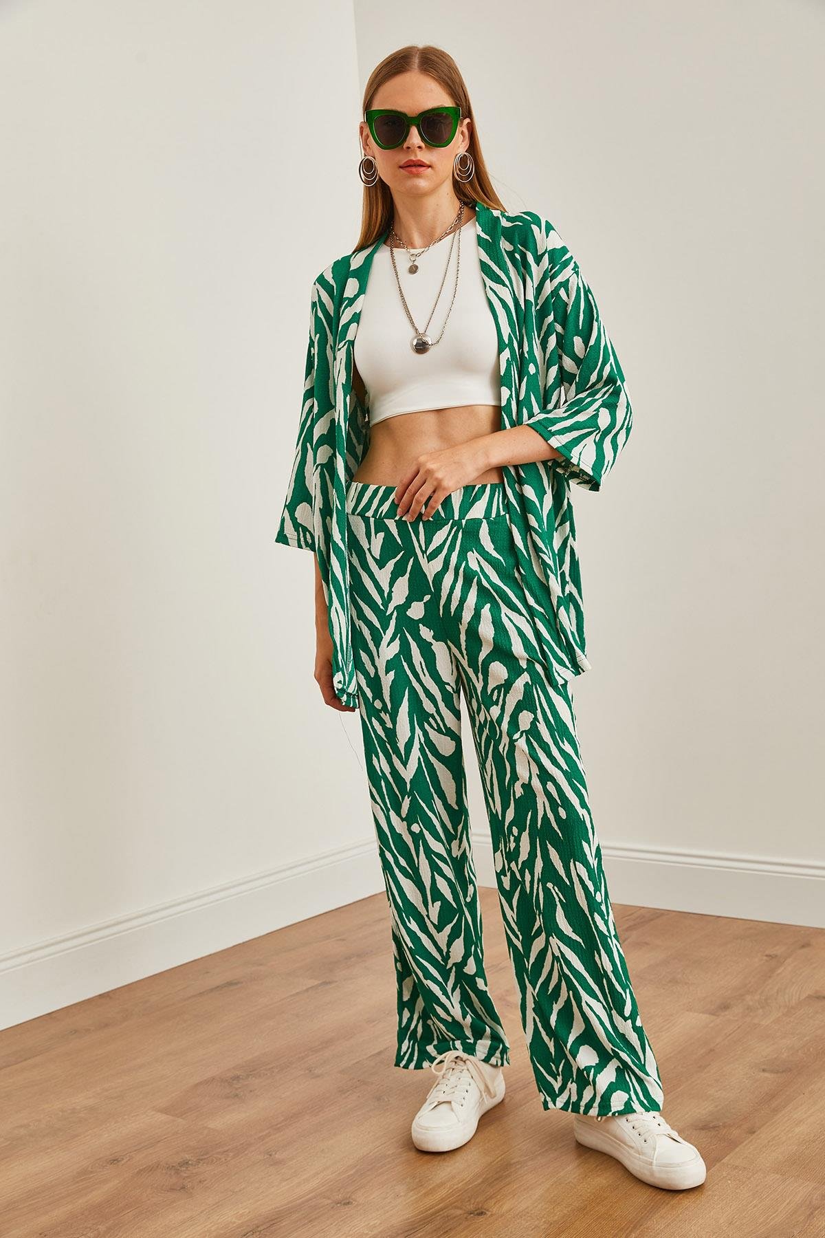 Üst Kimono Alt Cepli Pantolon Takım Yaprak Yeşil
