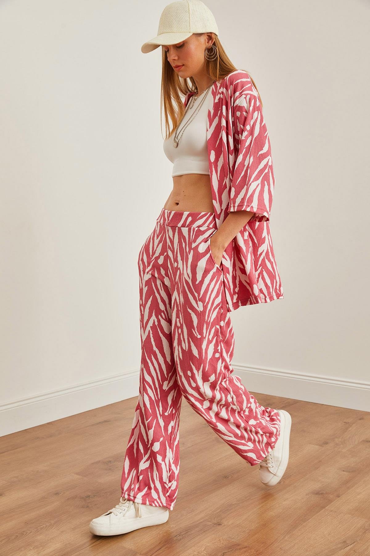 Üst Kimono Alt Cepli Pantolon Takım Yaprak Pembe
