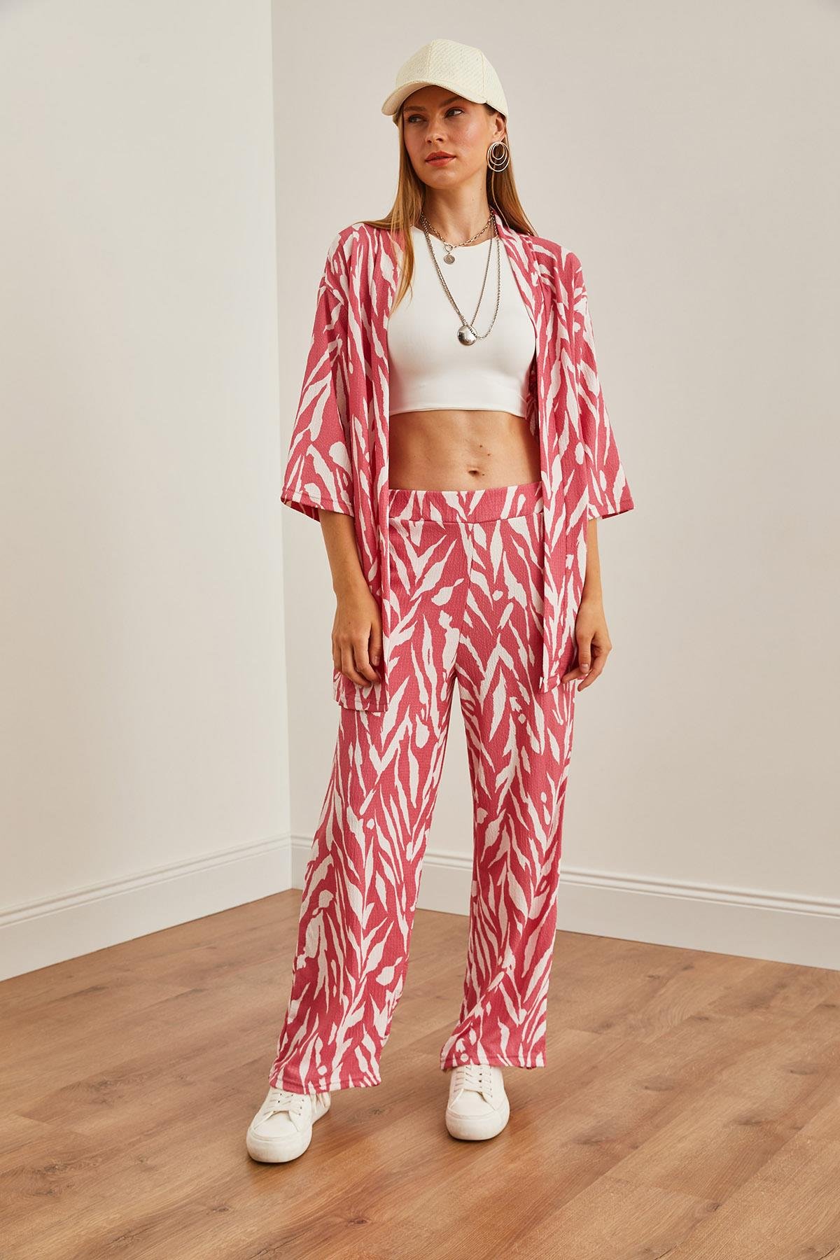 Üst Kimono Alt Cepli Pantolon Takım Yaprak Pembe
