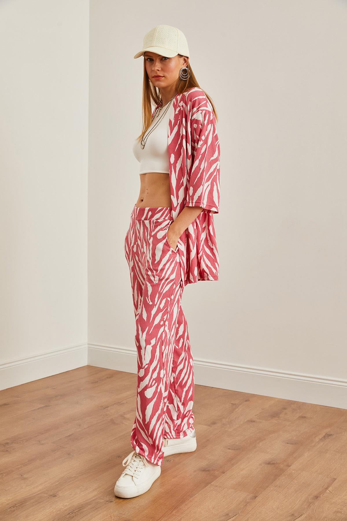 Üst Kimono Alt Cepli Pantolon Takım Yaprak Pembe