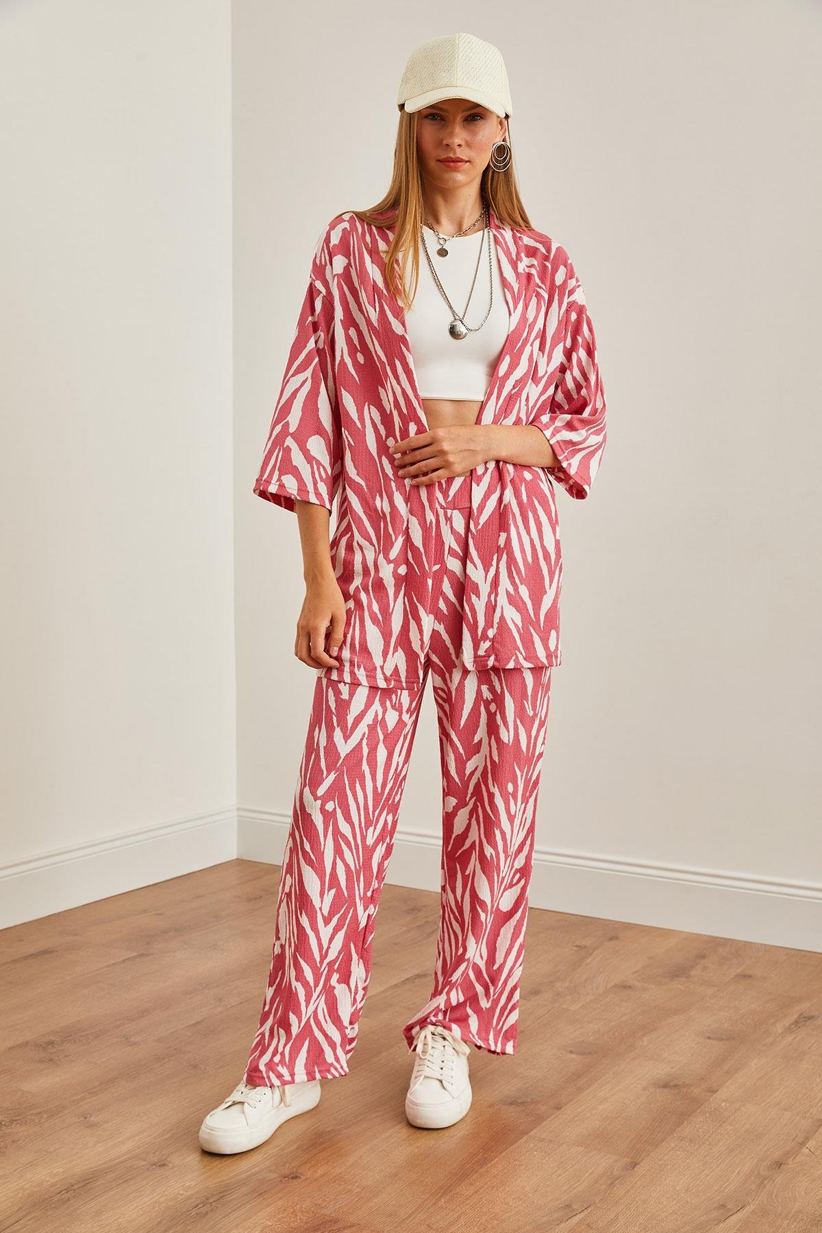 Üst Kimono Alt Cepli Pantolon Takım Yaprak Pembe