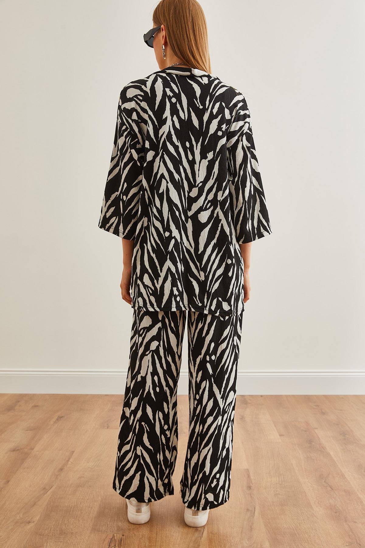 Üst Kimono Alt Cepli Pantolon Takım Yaprak Siyah