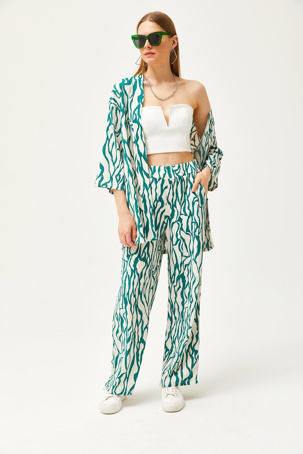 Üst Kimono Alt Cepli Pantolon Takım Yeşil