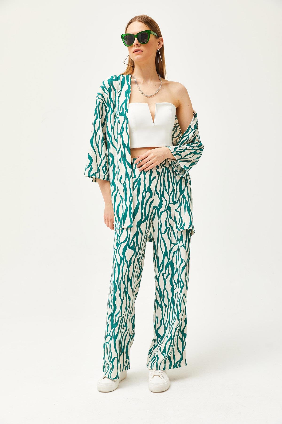 Üst Kimono Alt Cepli Pantolon Takım Yeşil