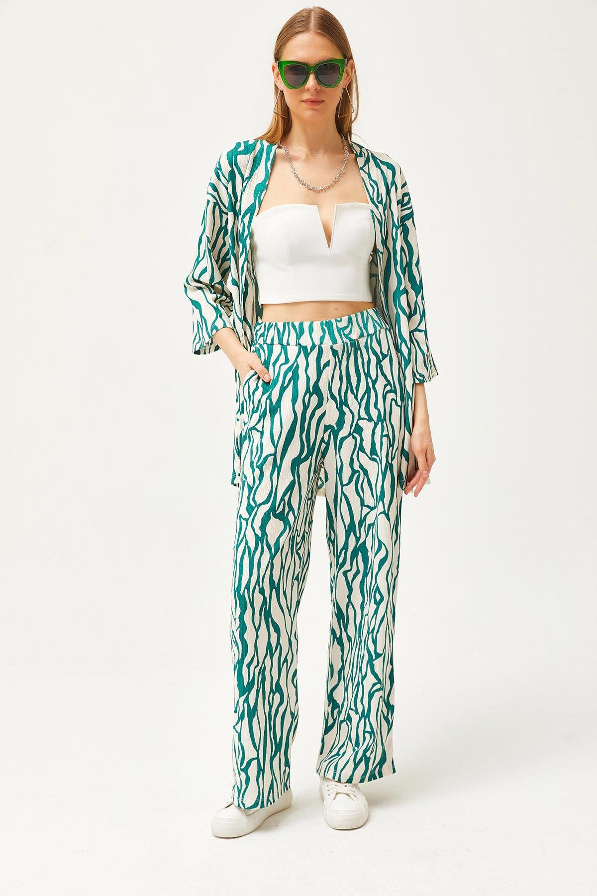 Üst Kimono Alt Cepli Pantolon Takım Yeşil